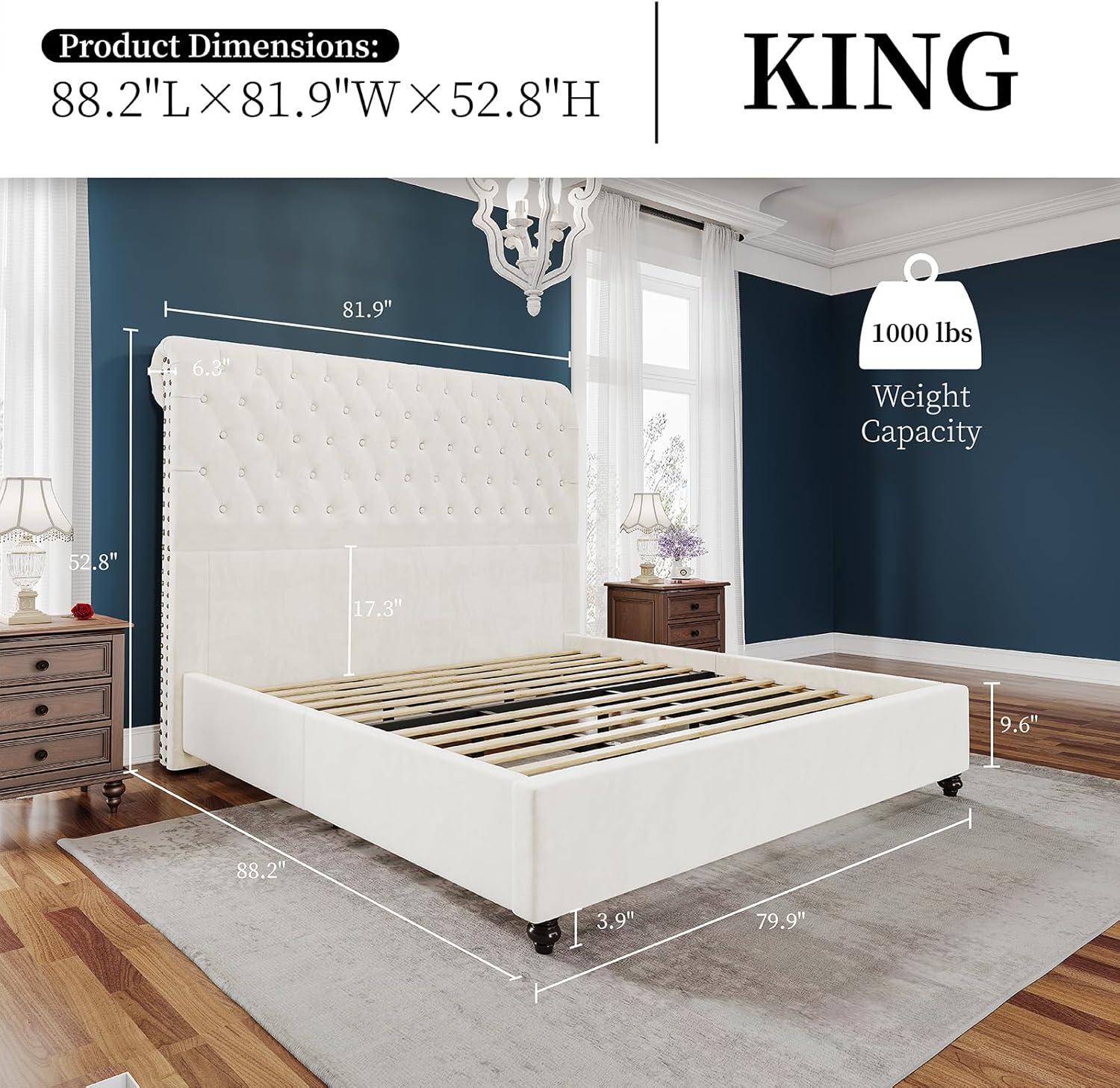 MERLUXY Upholstered King Bed Frame with Velvet Tufted Sleigh Headboard,Cream