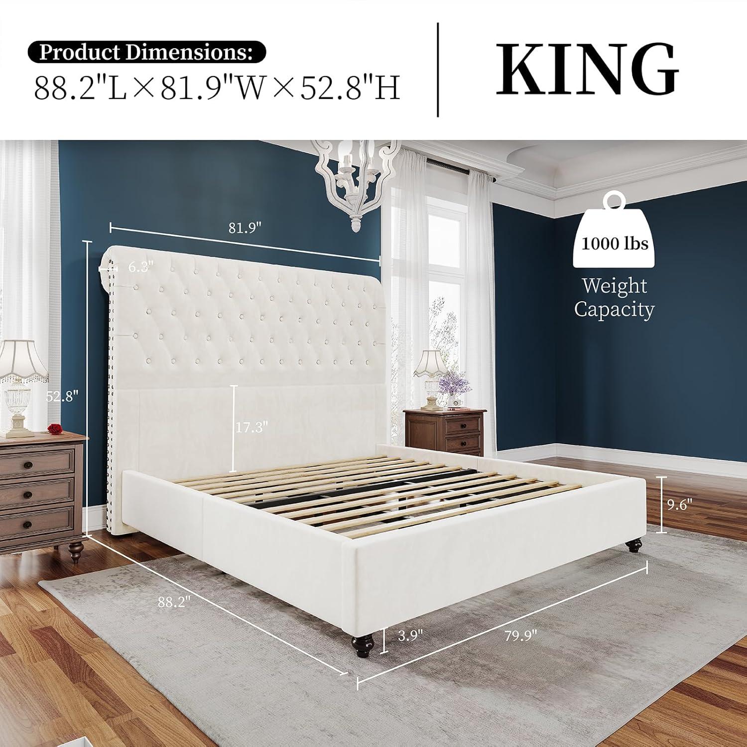 MERLUXY Upholstered King Bed Frame with Velvet Tufted Sleigh Headboard,Cream