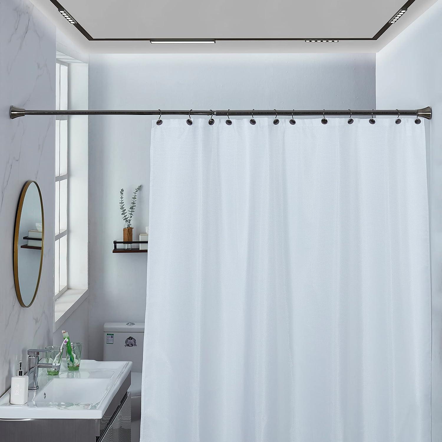 Adjustable Shower Curtain Rod and 12 Hooks 42"-72" Inch Non-Slip Stainless Steel For Home Kitchen Bathroom Bedroom (Brass)