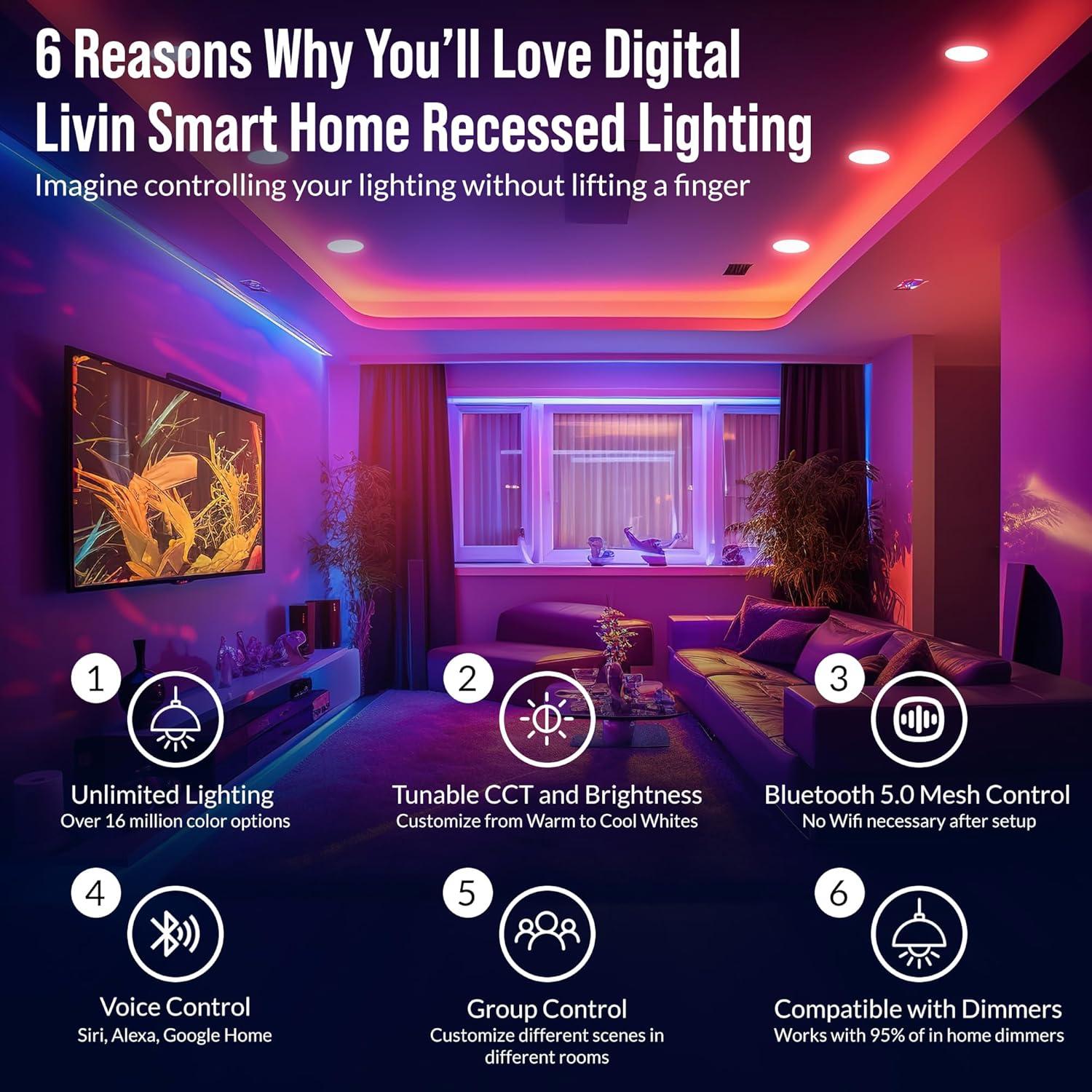 LEDVANS 4 Inch Smart Recessed Light, Color Changing Rgbcw, Voice Control (Set of 4) F-80425