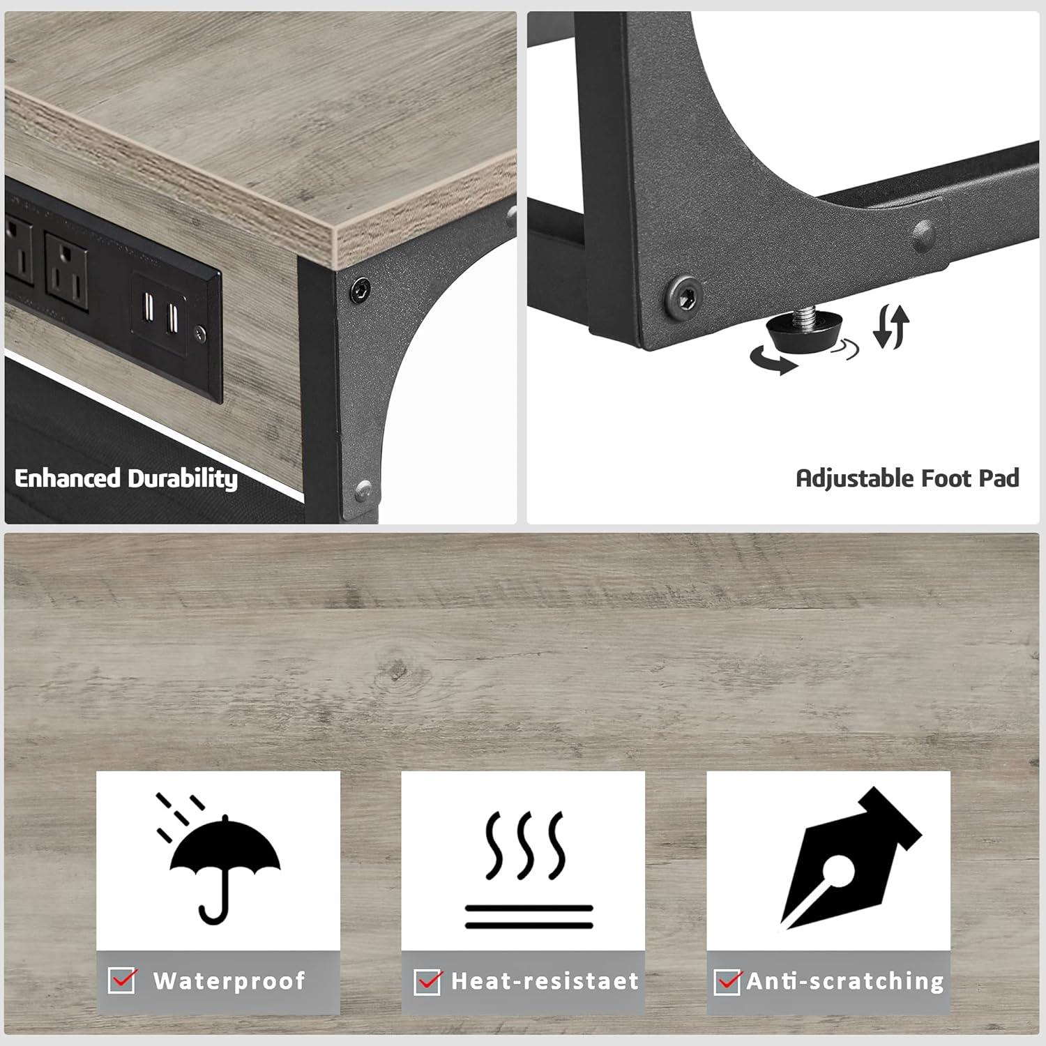 Set of 2 Gray Metal C-Shaped End Tables with Charging Station