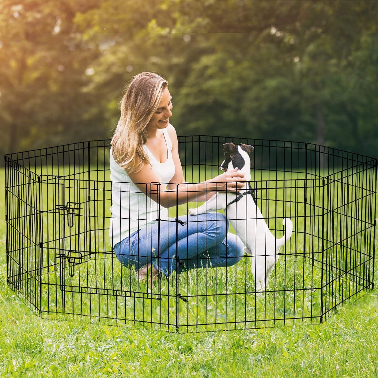 Artmalle Puppy Pet Playpen 8 Panel 24 Inch Indoor Outdoor Metal Portable Folding Animal Exercise Dog Fence Ideal for Pet Animals Dog Cat Rabbit Breed Puppy with Top Cover (Black with Top Cover)