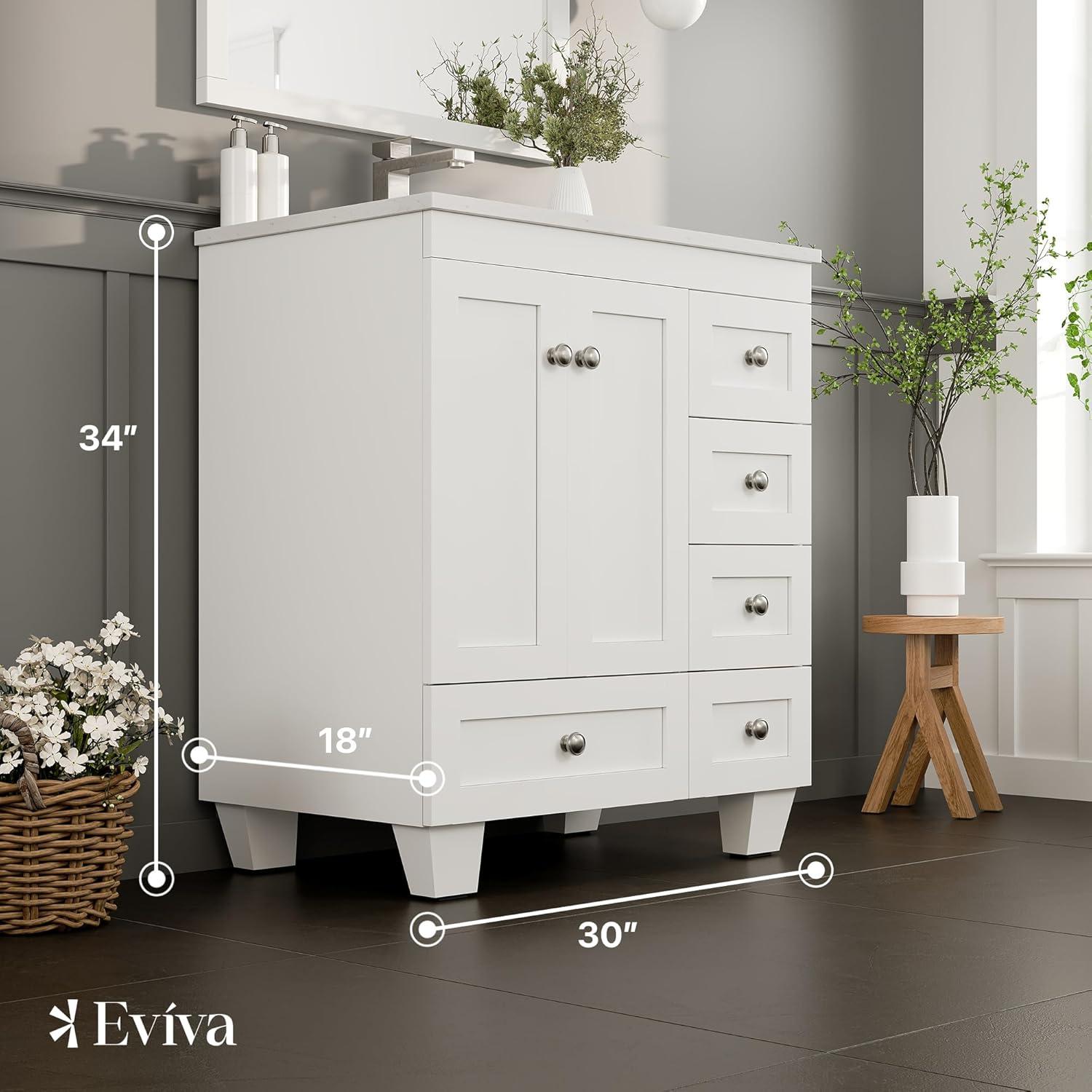 Eviva Happy 28"W x 18"D White Bathroom Vanity with White Carrara Quartz Vanity Top and Rectangular Undermount Sink