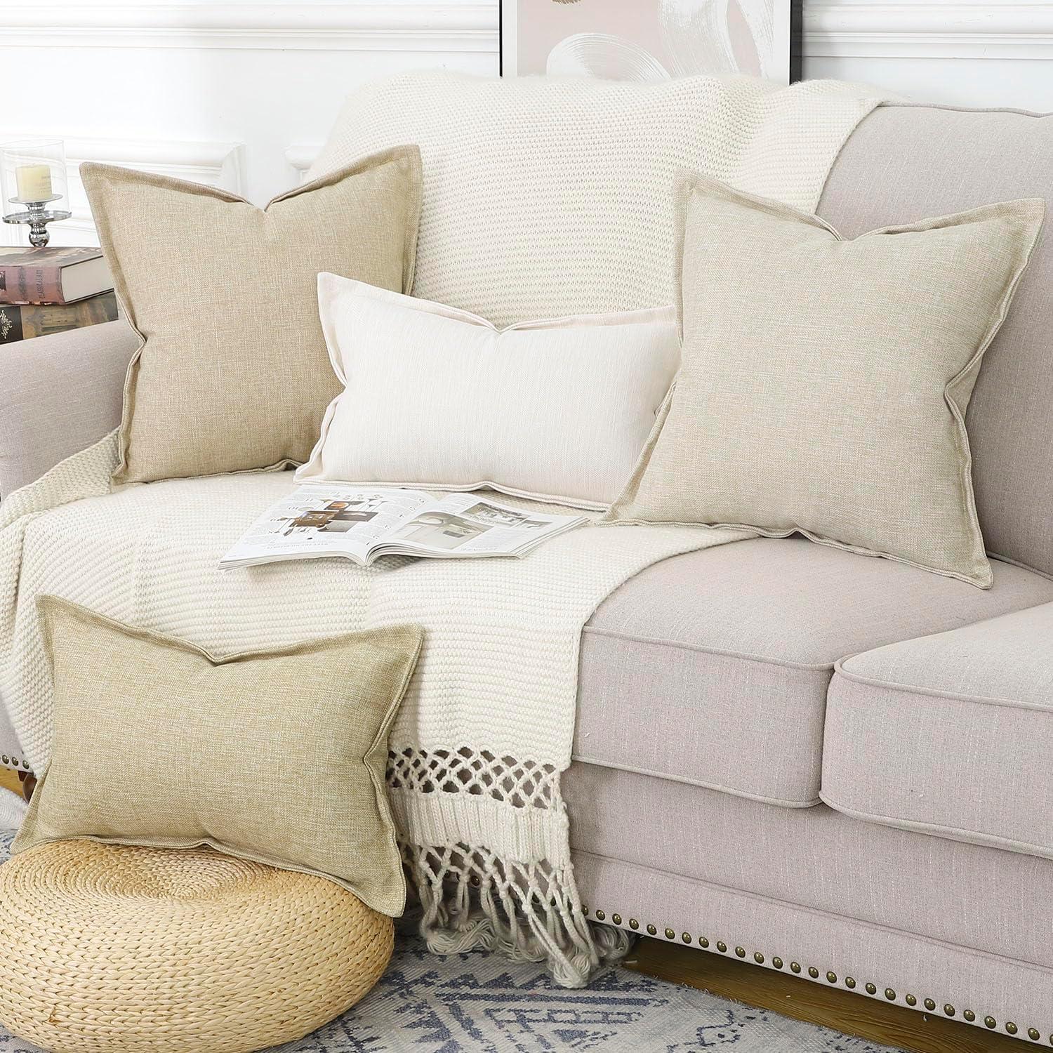MIULEE Throw Pillow Covers Boho Farmhouse 18x18 Set of 2 Decorative Beige Couch with Fringe Chic Cotton Pillowcases Home Decor Accents for Cushion Soft Bed Living Room