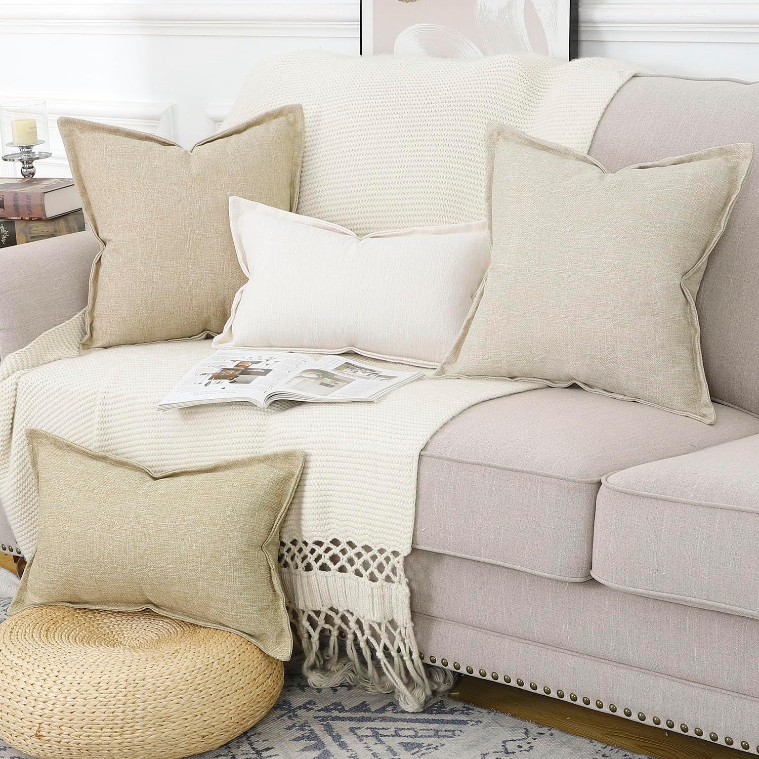 MADIZZ Set of 2 Linen Throw Pillow Covers with Broad Edge Soft Boho Decorative Pillow Cases for Sofa Bedroom Modern Pillow Shell 18x18 Inch Beige