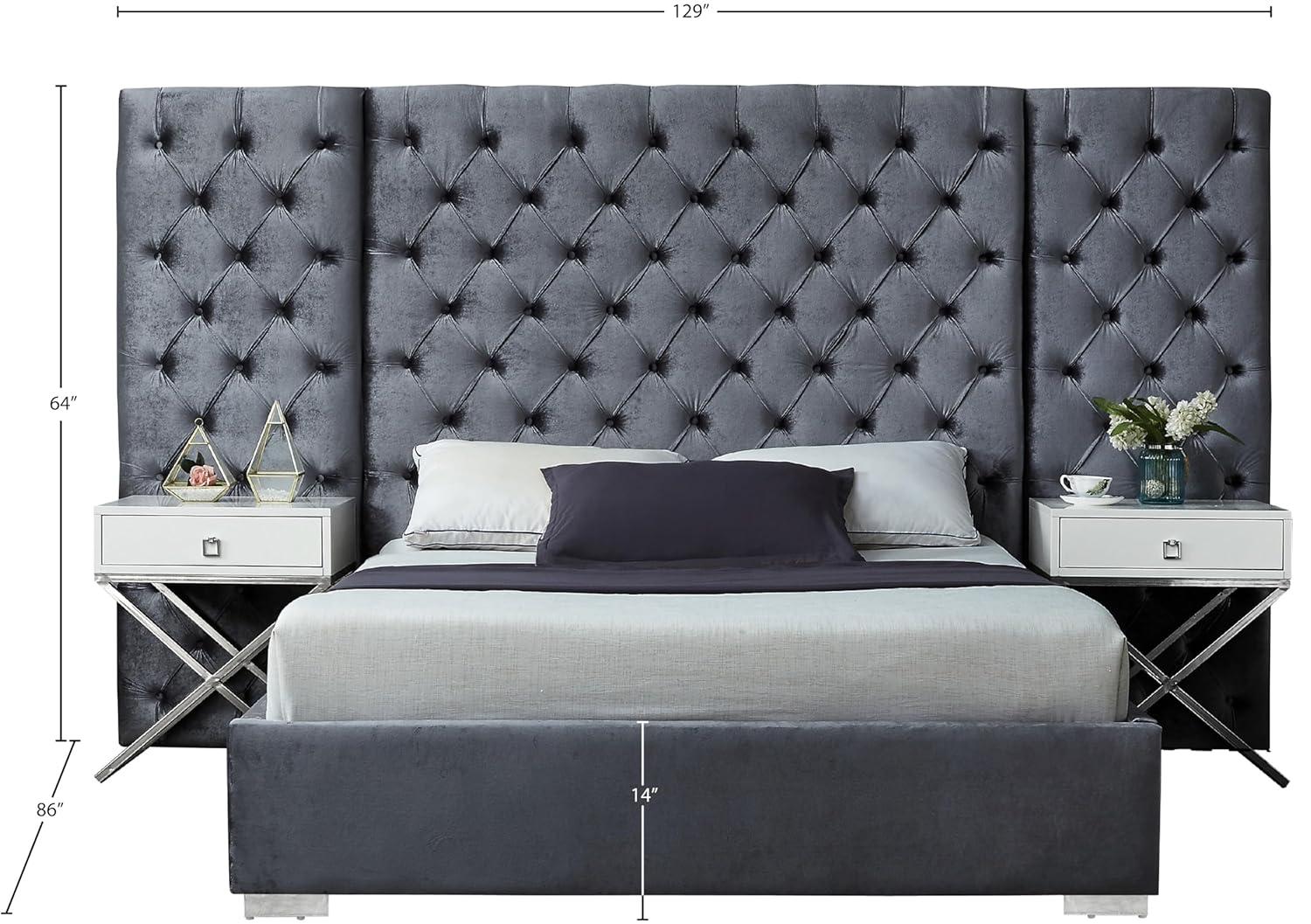Meridian Furniture Grande Solid Wood and Velvet King Bed in Gray