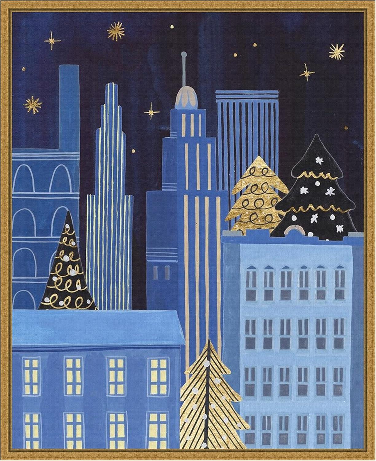 Holiday Night Blue and Gold Framed Canvas Wall Art