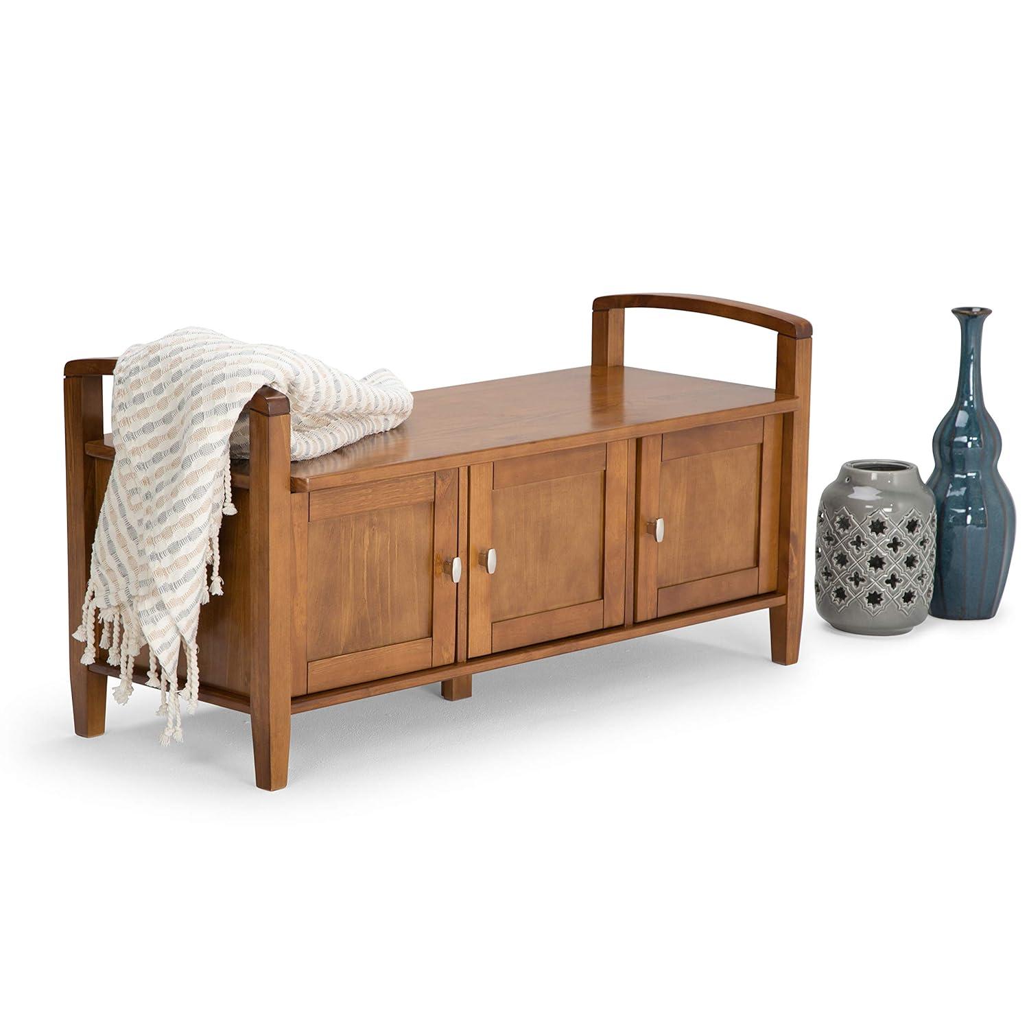 Simpli Home Warm Shaker 44"W Solid Wood Entryway Storage Bench with 3 Cabinets, Shaker-Style Doors and Interior Shelves