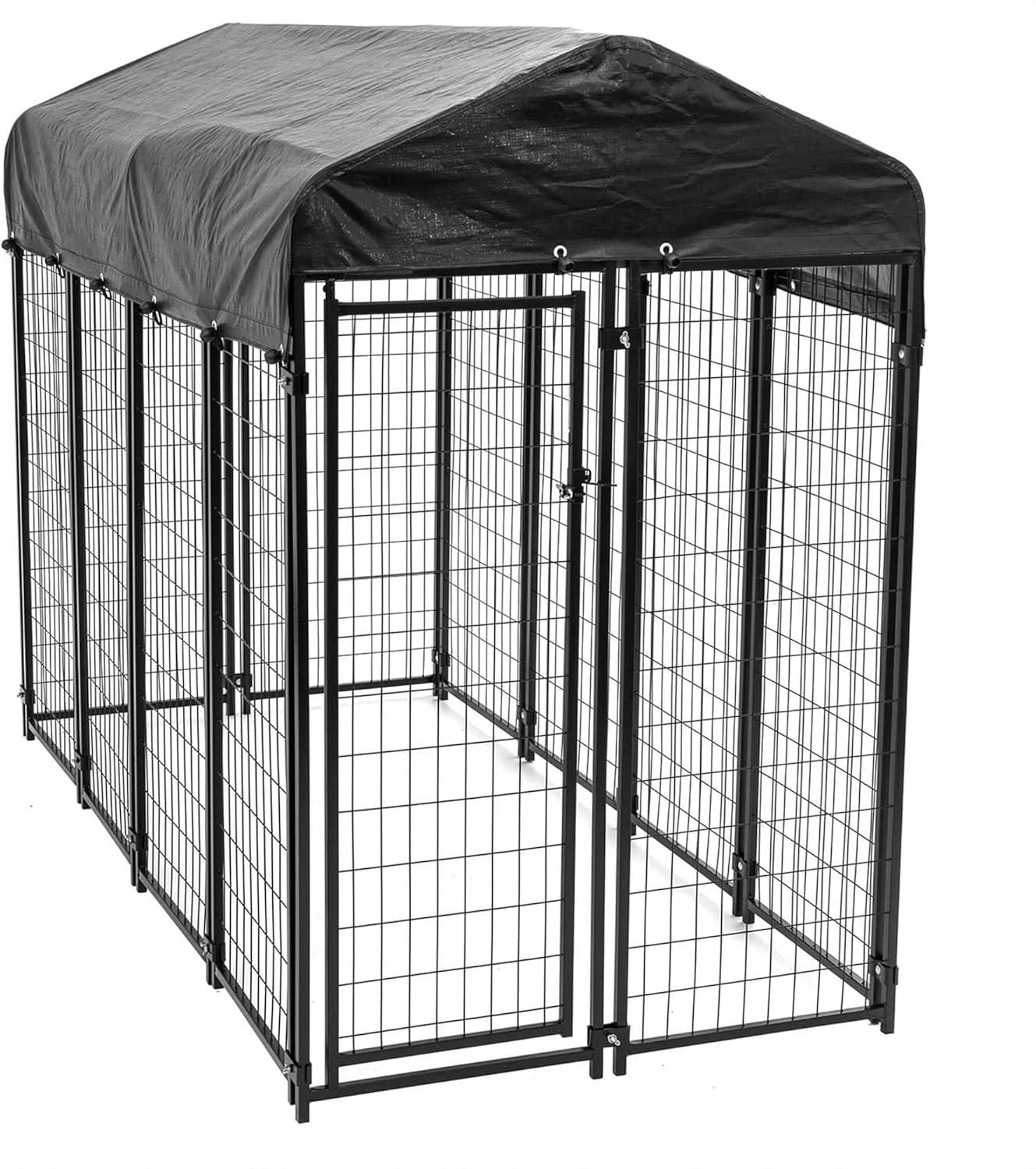 Black Steel Frame Outdoor Dog Kennel with Waterproof Canopy