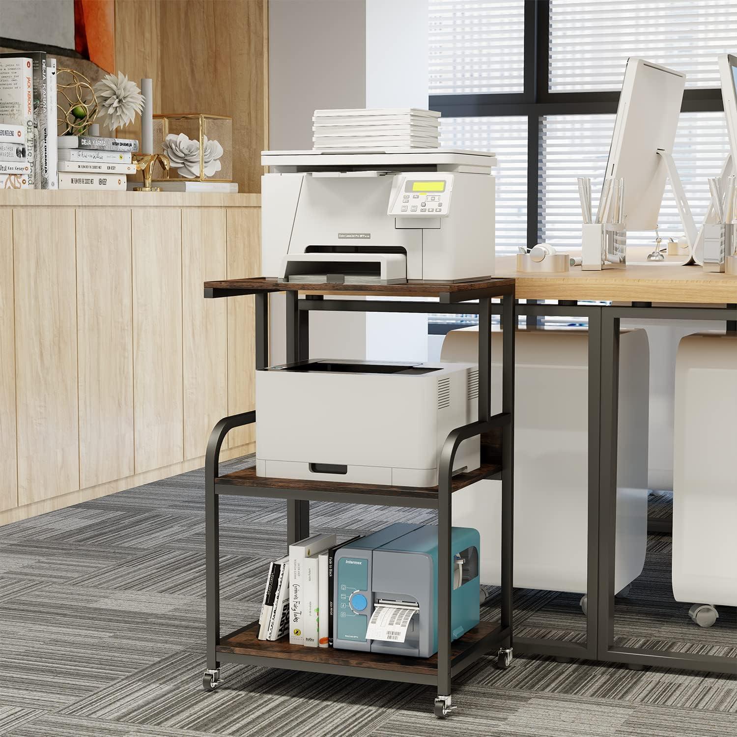 EasyCom 20''x15.7''Large Printer Stand-3 Tier Printer Table with Wheels- Printer Storage Cart- Rolling Printer Cart with Storage Shelf for Printer Scanner Fax Home Office Use- Rustic Brown