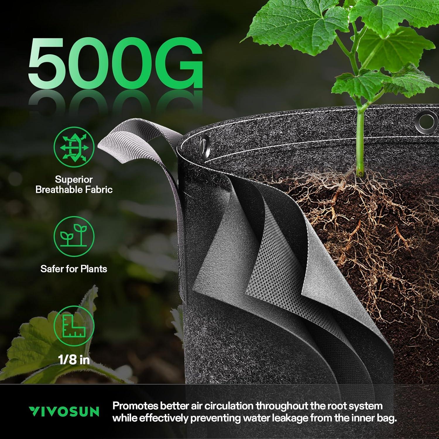 VIVOSUN 5-Pack 3 Gallon Grow Bags, 500G Thick Nonwoven Fabric Pots with Strap Handles, Multi-Purpose Rings, for Low Stress Plant Training Fruits, Vegetables, and Flowers