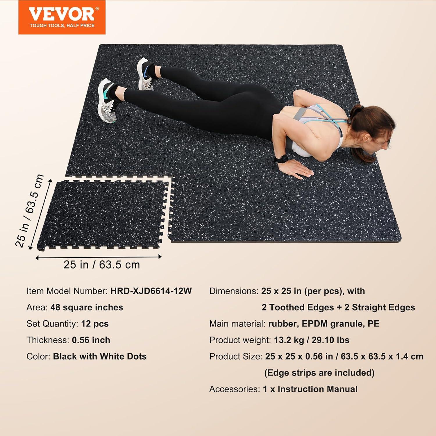 VEVOR 0.56 Inch Thick Gym Floor Mats, 12 Tiles Rubber Top with EVA Foam, 24" x 24" Gym Flooring Workout Mats with 48 sq.ft Coverage, Interlocking Puzzle Gym Mats for Gym, Home, Garage, Black & White