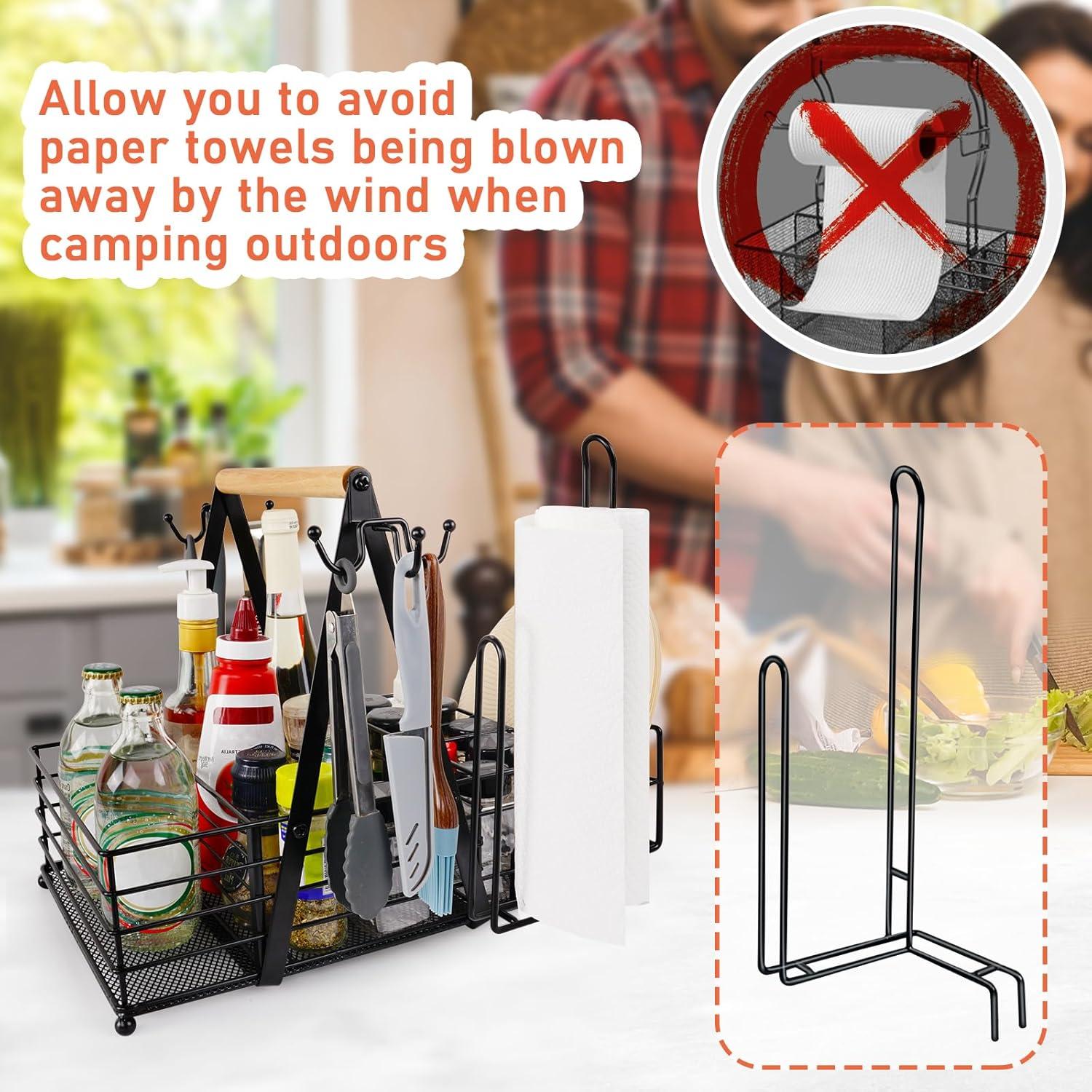Grill Caddy Metal BBQ Caddy with Paper Towel Holder Utensil Picnic Condiment Large BBQ Grill Tool Holder Organizer Storage Adjustable Compartment Storage
