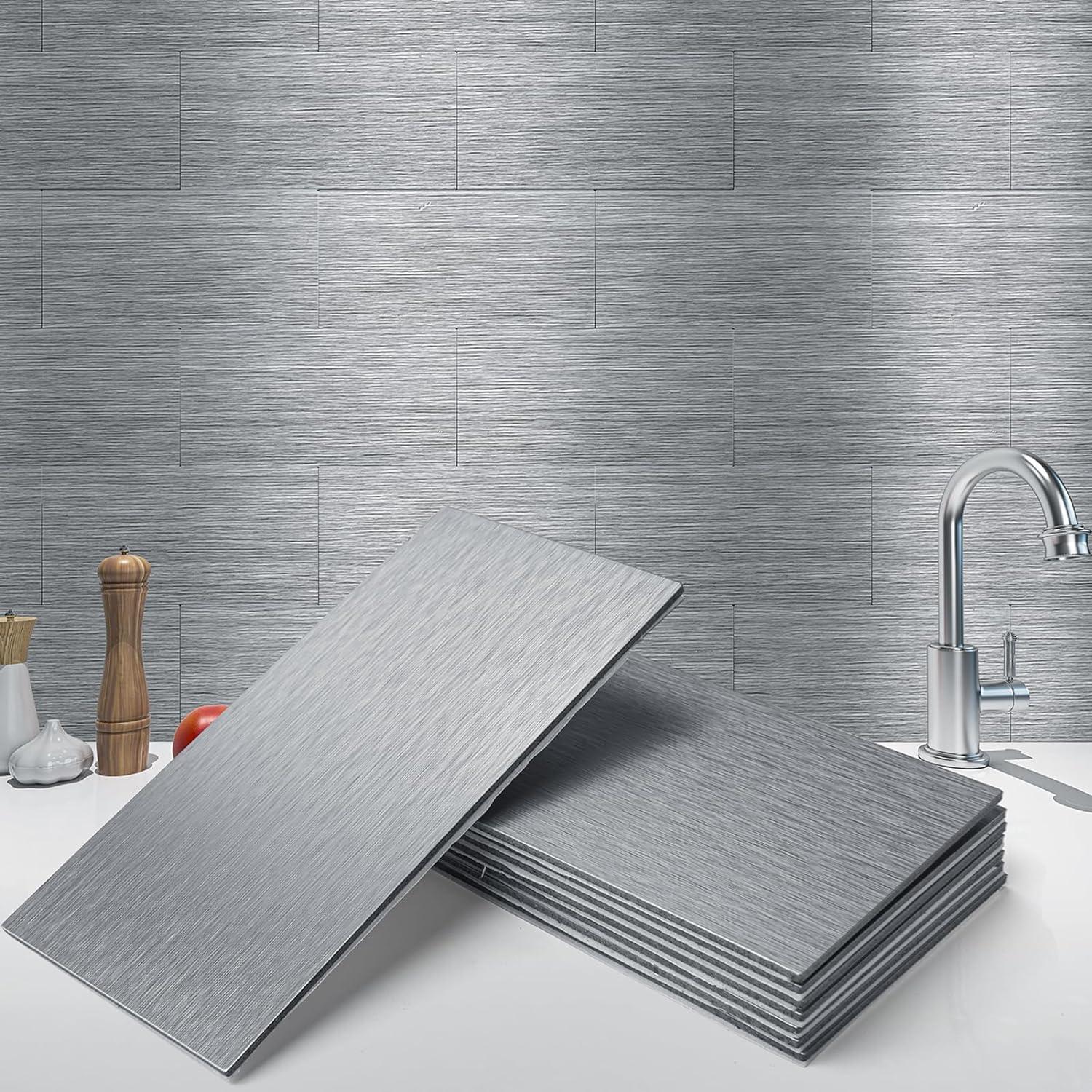 Brushed Silver Peel and Stick Rectangular Backsplash Tiles