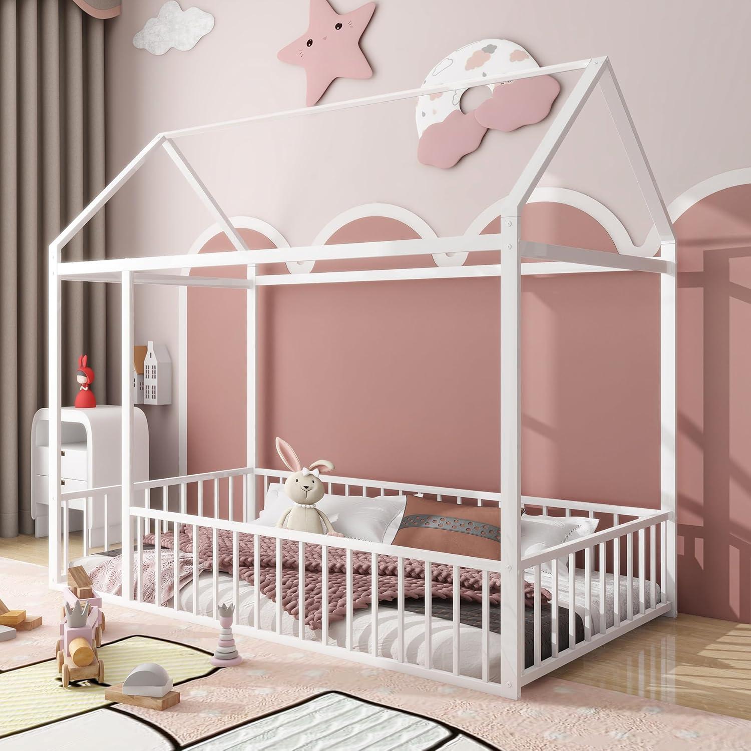 Ultimate Kids Comfort: HZANHY Twin Montessori Floor Bed, Rails, Playhouse Bed With Roof, Foot Pads