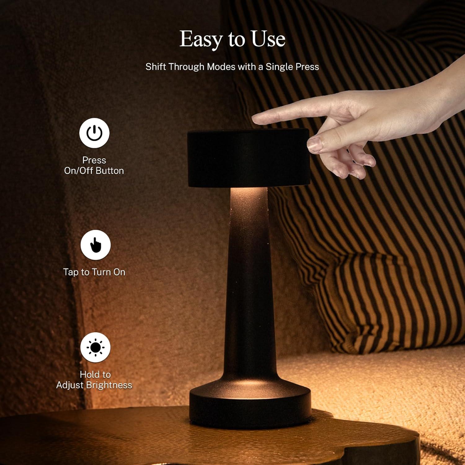 Bell + Howell Chelsea Table Lamp Small Cordless Touch LED Rechargeable Lamp for Bedside Desk Nightstand Midnight Black