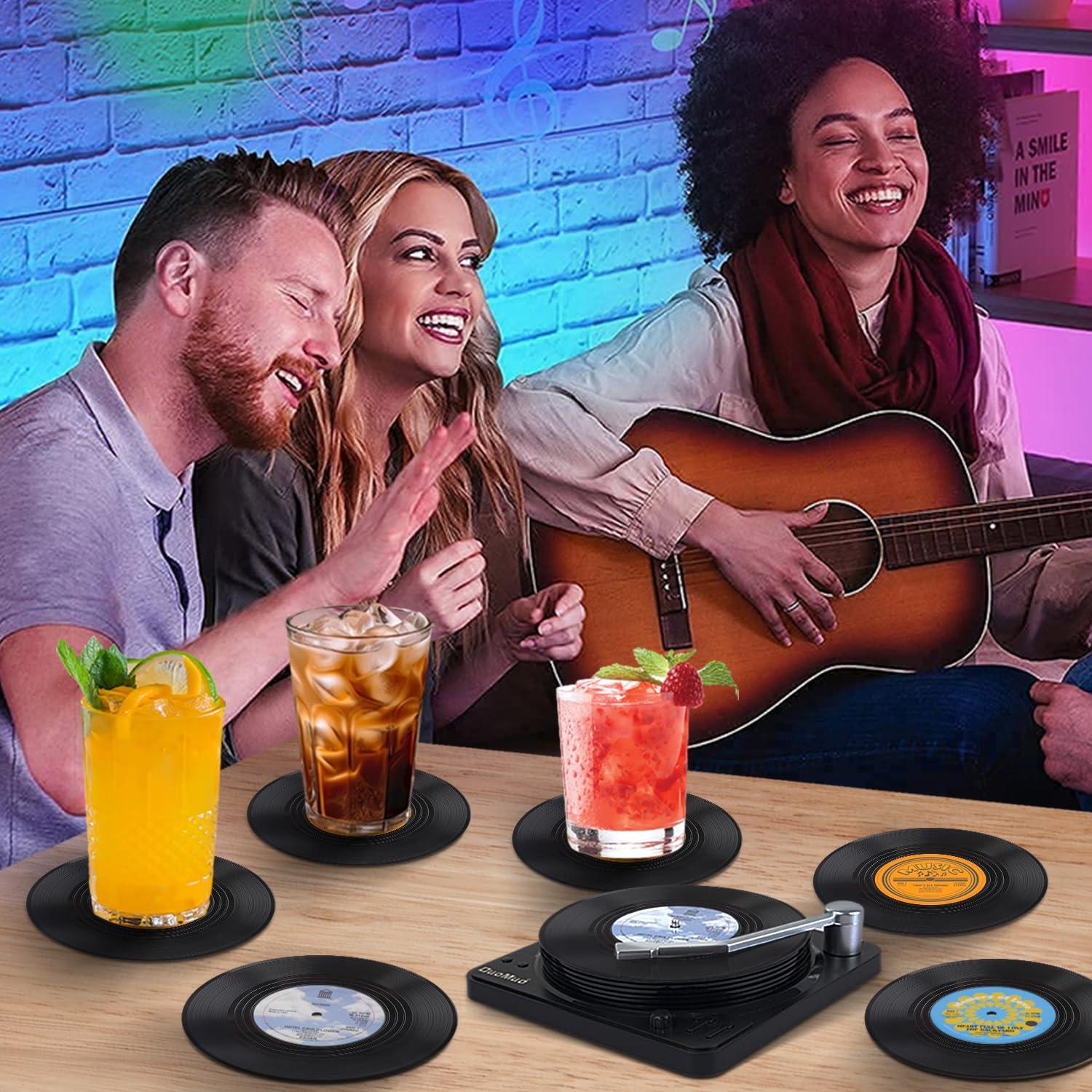 Funny Retro Record Coasters for Drinks with Vinyl Player Holder for Music Lovers,Set of 6 Conversation Piece Sayings Drink Coaster,Housewarming Hostess Wedding Registry Gift Ideas