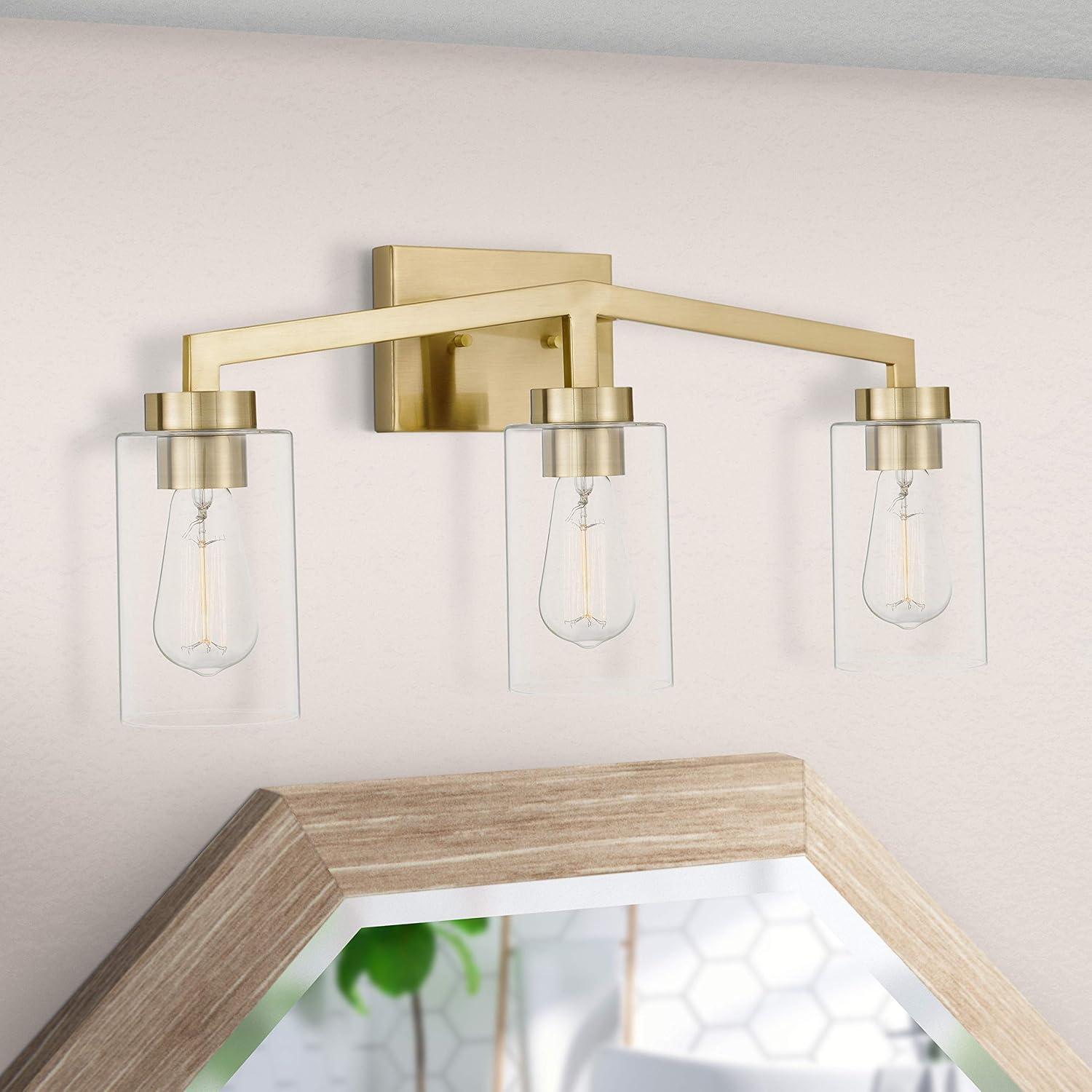 Metropolis 3-Light Satin Brass Vanity Light with Clear Glass Shades