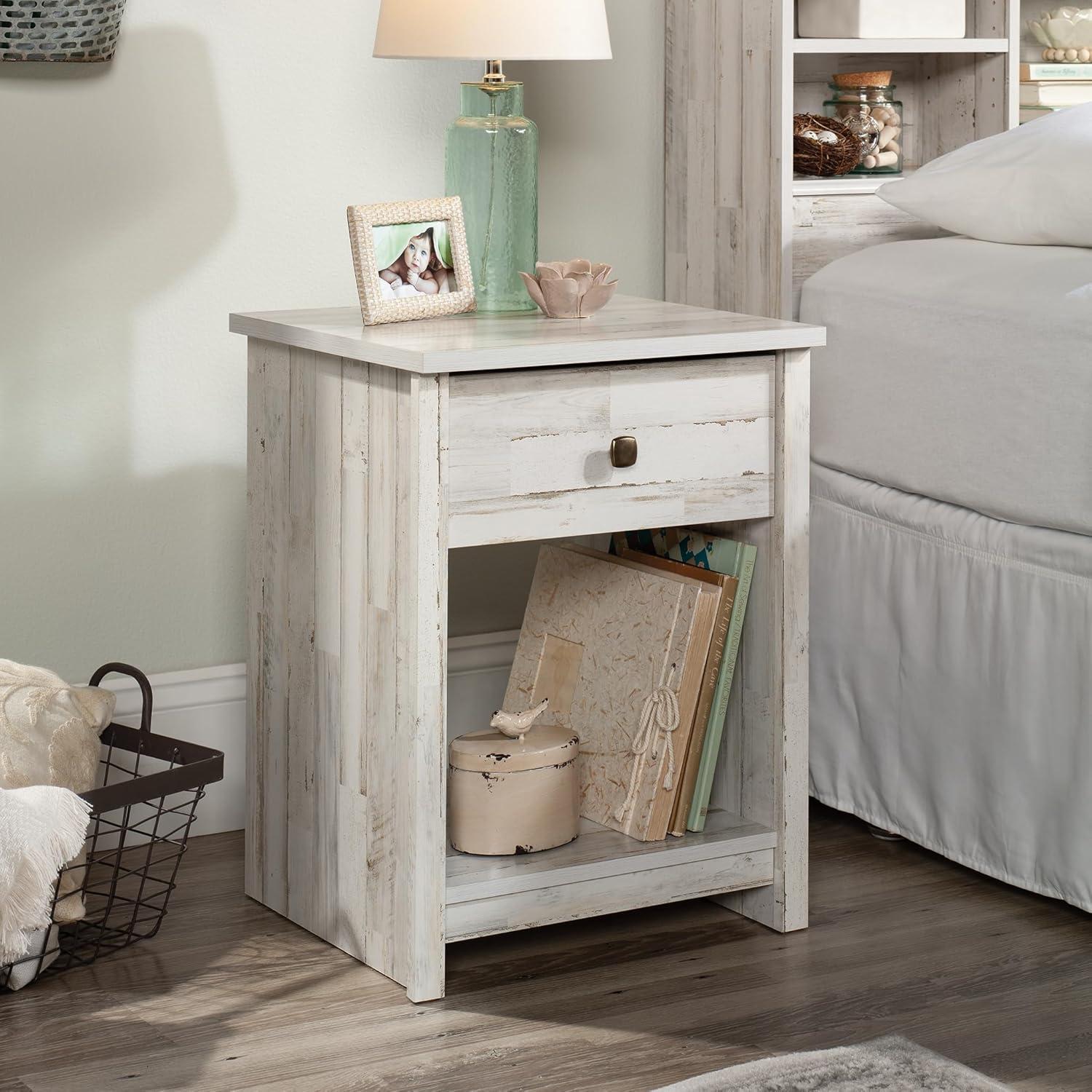 River Ranch Nightstand with Drawer White Plank - Sauder: Farmhouse Style Bedside Table with Open Shelf