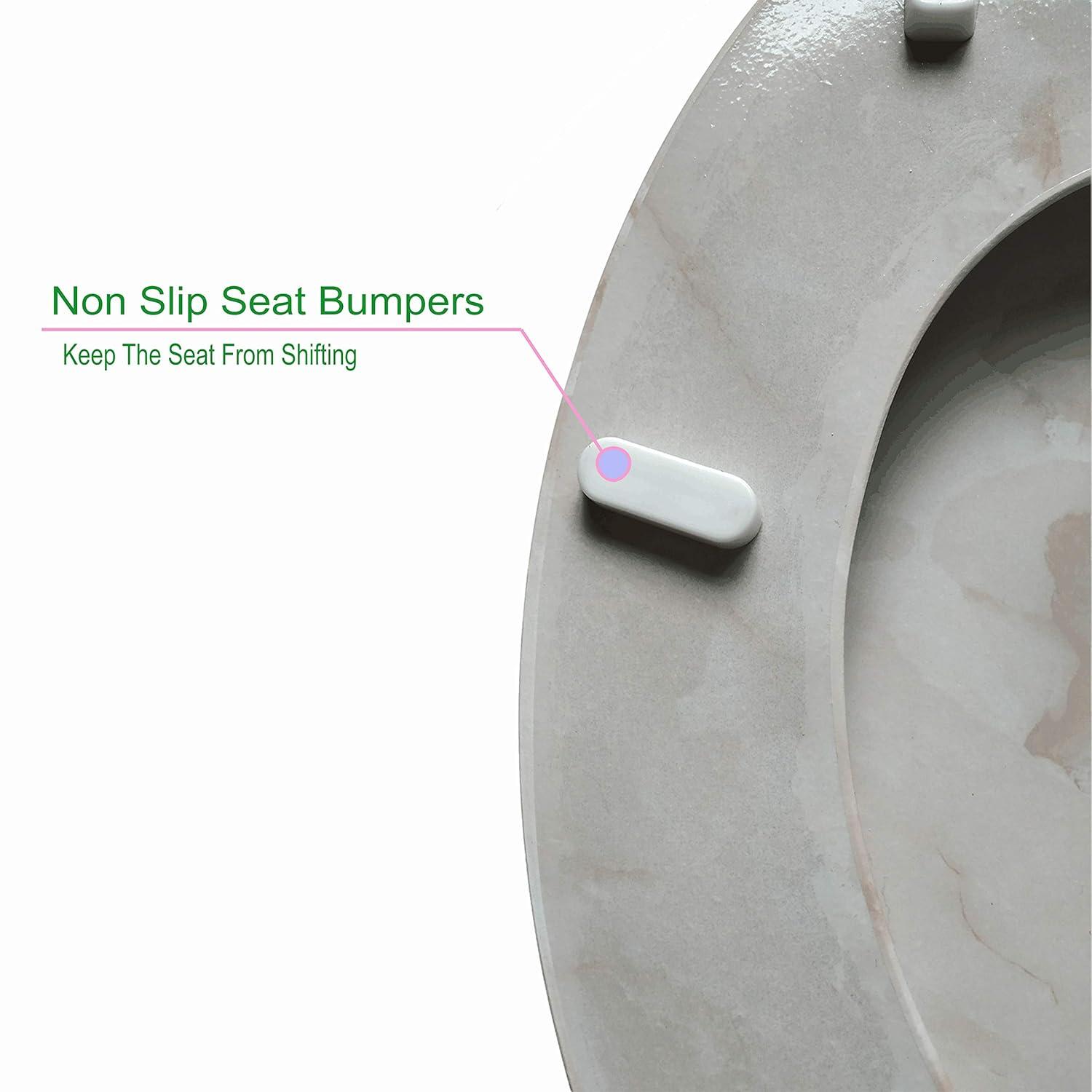 Beige Marbleized Wood Round Toilet Seat with Non-Slip Hardware