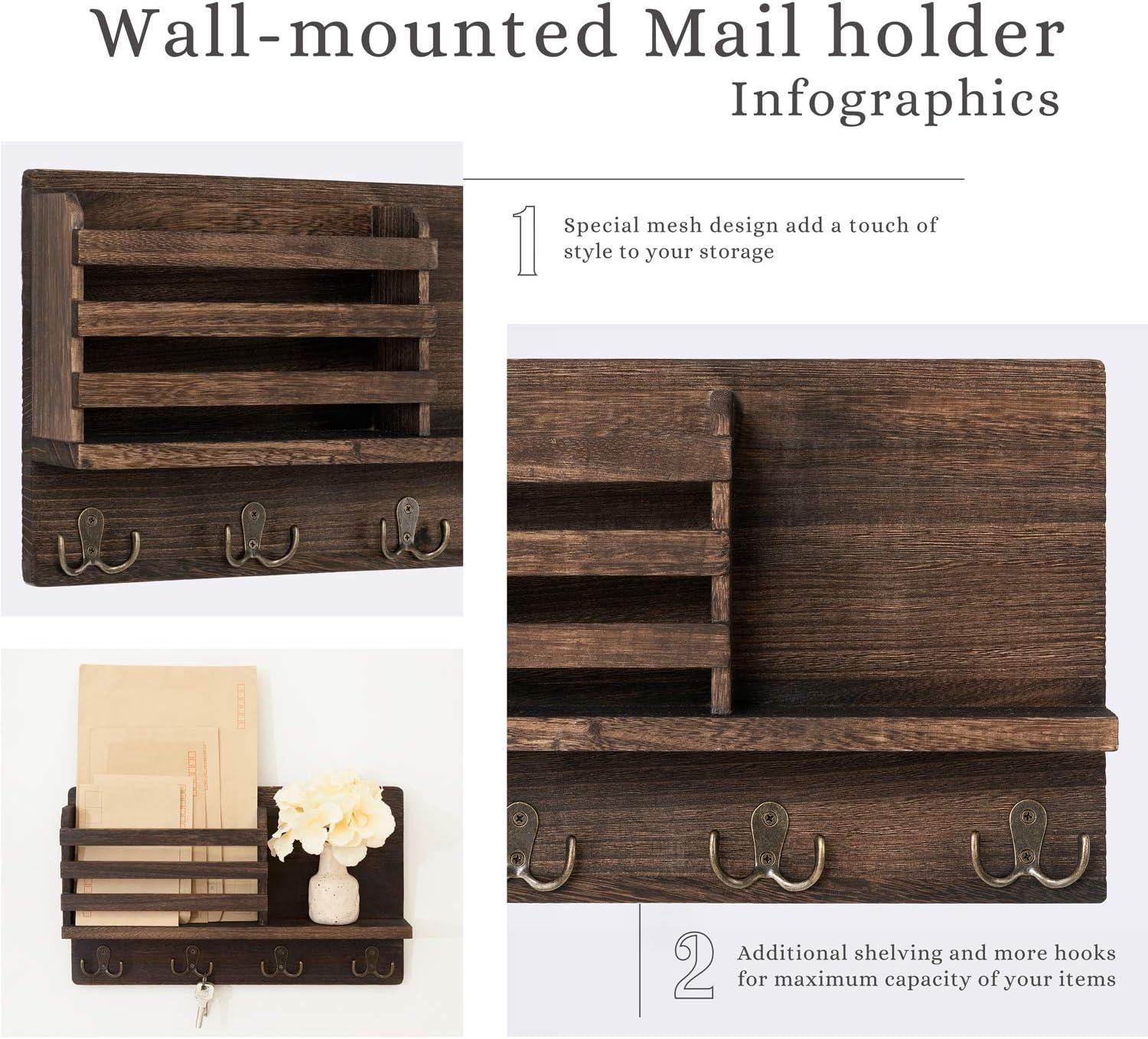 Rustic Brown Wooden Wall Mounted Mail and Key Holder with Hooks