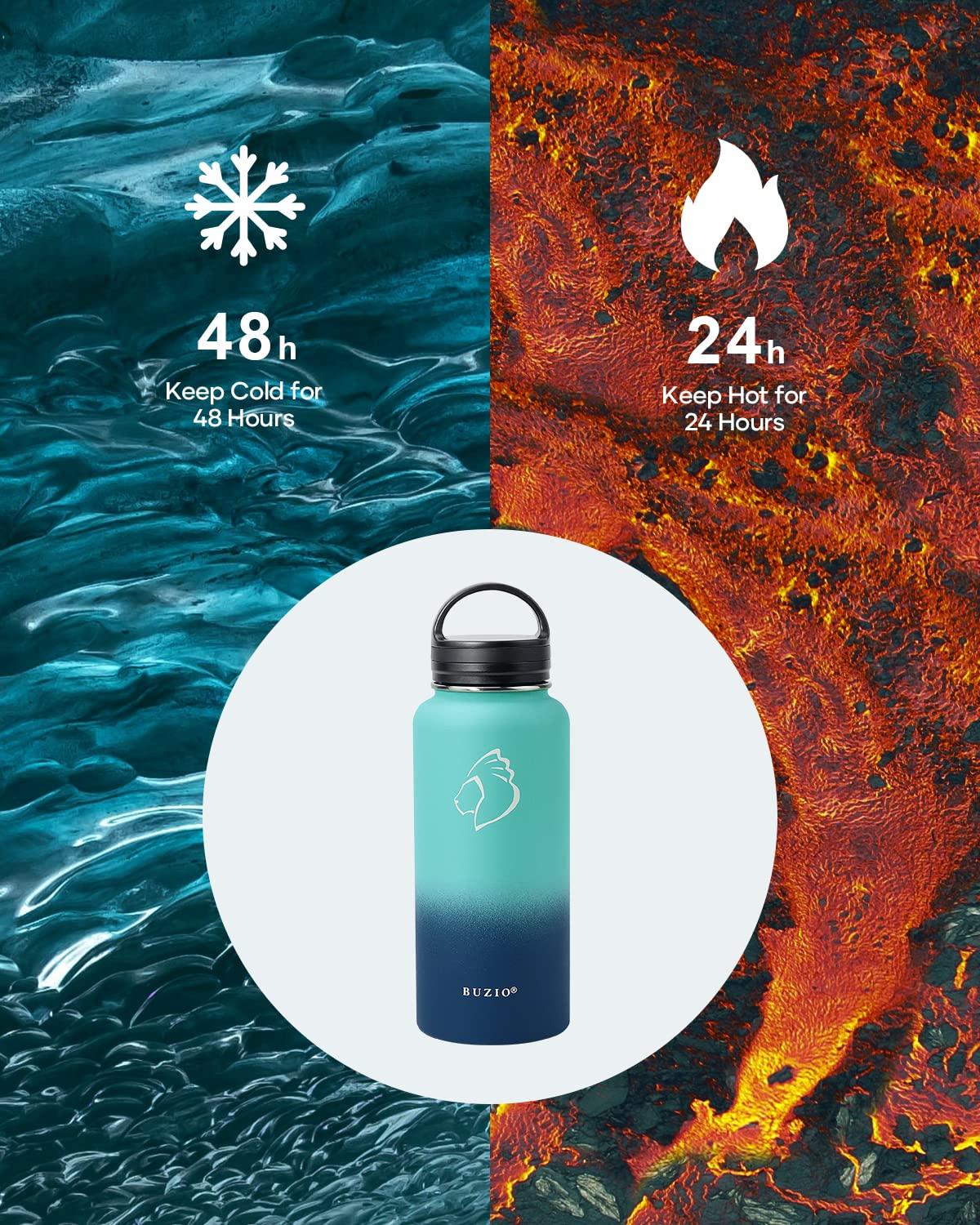 Buzio 32 oz Insulated with Straw & Brush Vaccum Stainless Steel Metal 3 Lids Water Flask for Sports, Gym or Office Keep Cold 48H Hot 24H，Pacific Prince