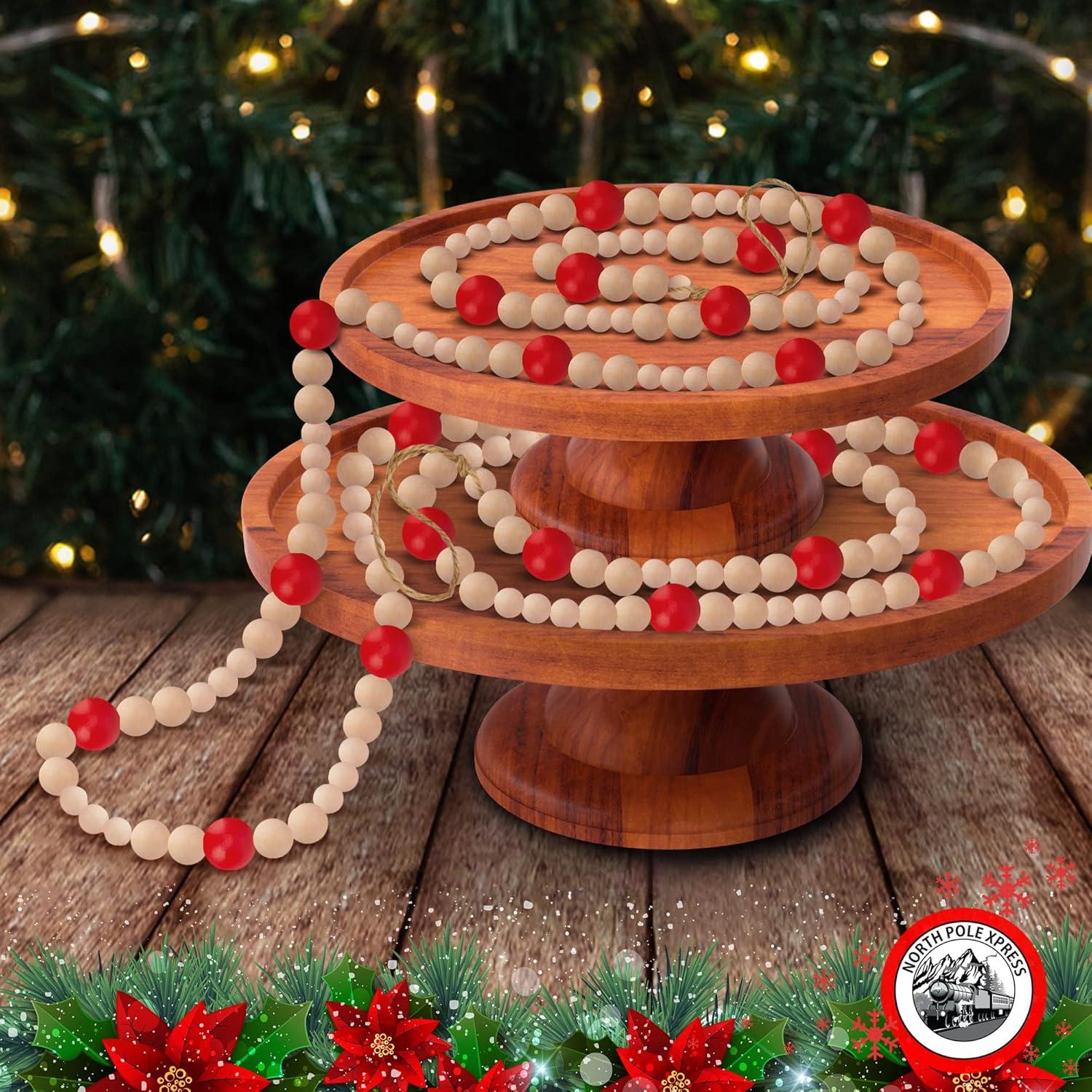 NorthPoleXpress Red & Natural Wooden Christmas Tree Garland, 9 Foot, Red & Natural Wood, Rustic Country Farmhouse Vintage, Assorted Bead Sizes