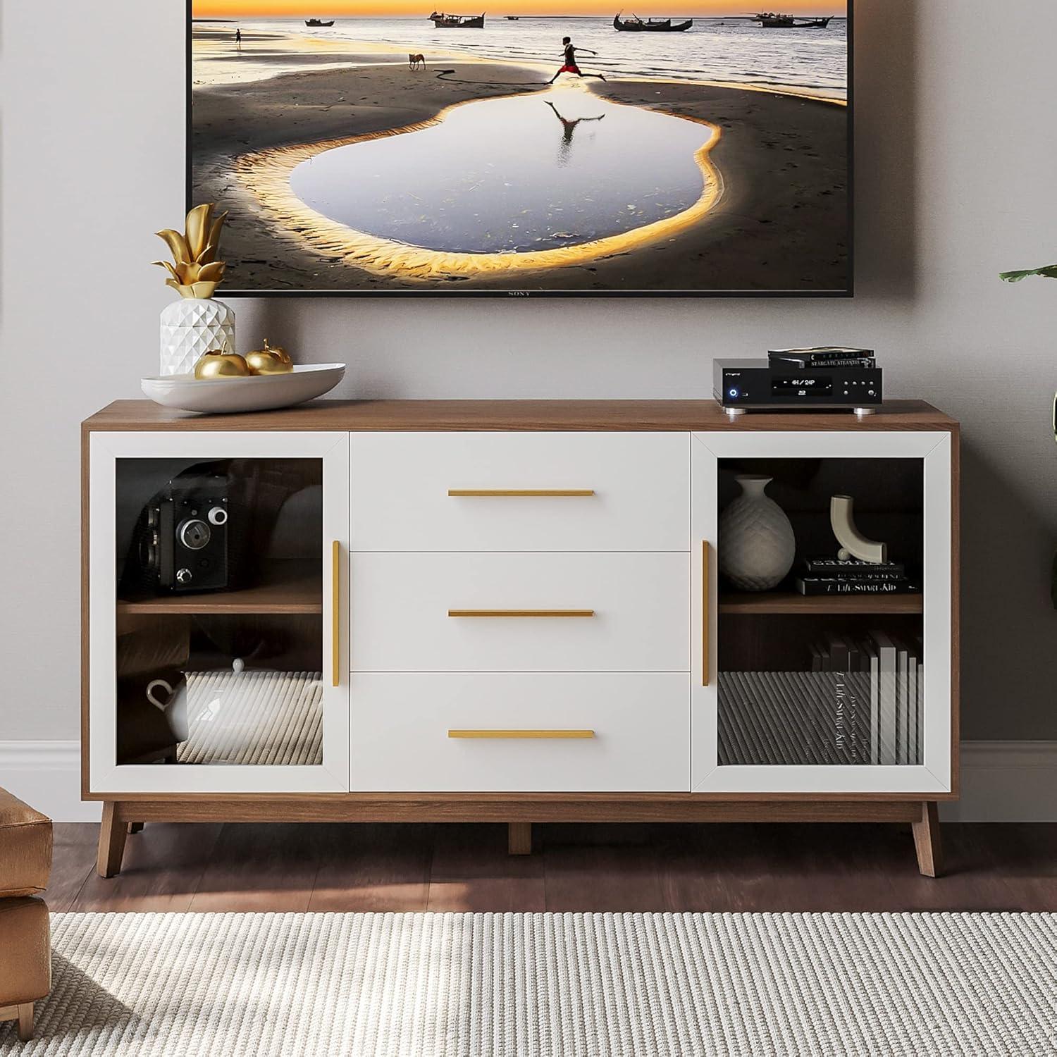 BELLEZE Modern Sideboard, Sideboard Buffet Cabinet with 3 Drawers & 2 Doors, Accent Cabinet for Dining Room, Hallway, Bedroom, or Kitchen - Troy (White)