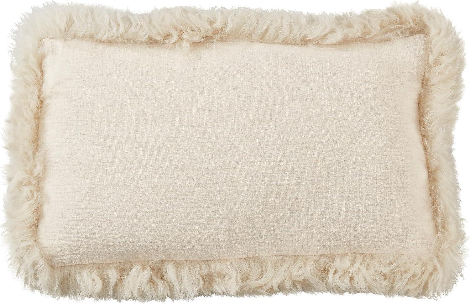 12"x20" Oversize Luxurious Linen Poly Filled with Plush Lamb Fur Border Lumbar Throw Pillow - Saro Lifestyle