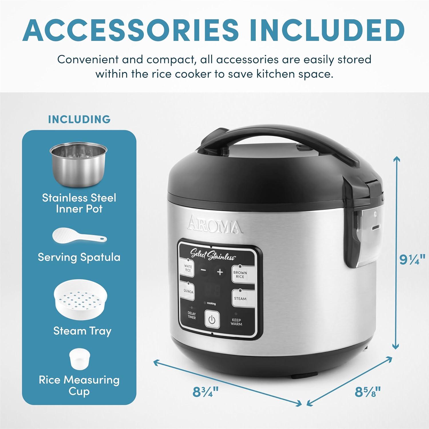 Aroma Aroma Select Stainless Rice Cooker, 4-cup (uncooked) / 8-cup (cooked), Stainless Steel Inner Pot, Multicooker, Steamer, 2 Qt