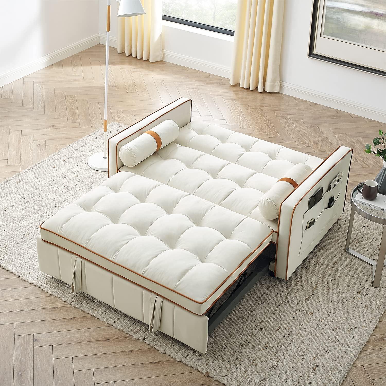 Yeahumalia 3 in 1 Convertible Velvet Loveseat Sleeper Futon Sofa Bed, Pull Out Couch with Side Table for Living Room, Bedroom, Grey