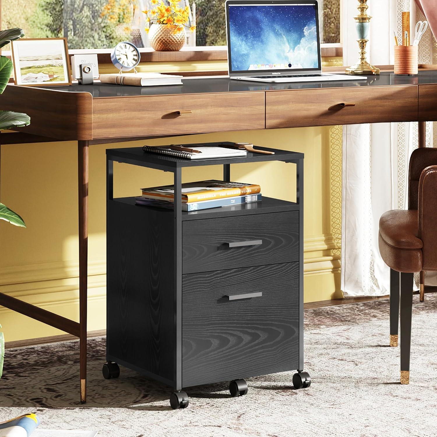 Black Wood 2-Drawer Mobile File Cabinet with Open Shelf