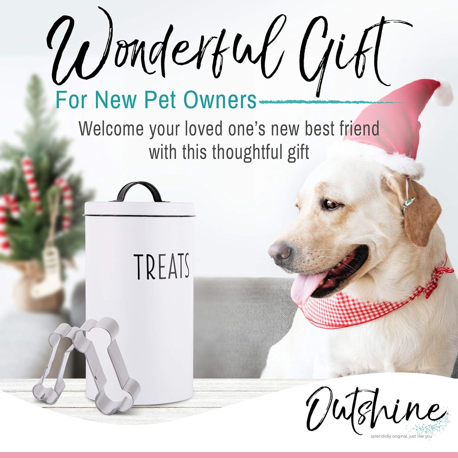 Outshine Co White Farmhouse Cat and Dog Treat Container with 2 Dog Bone Cookie Cutters