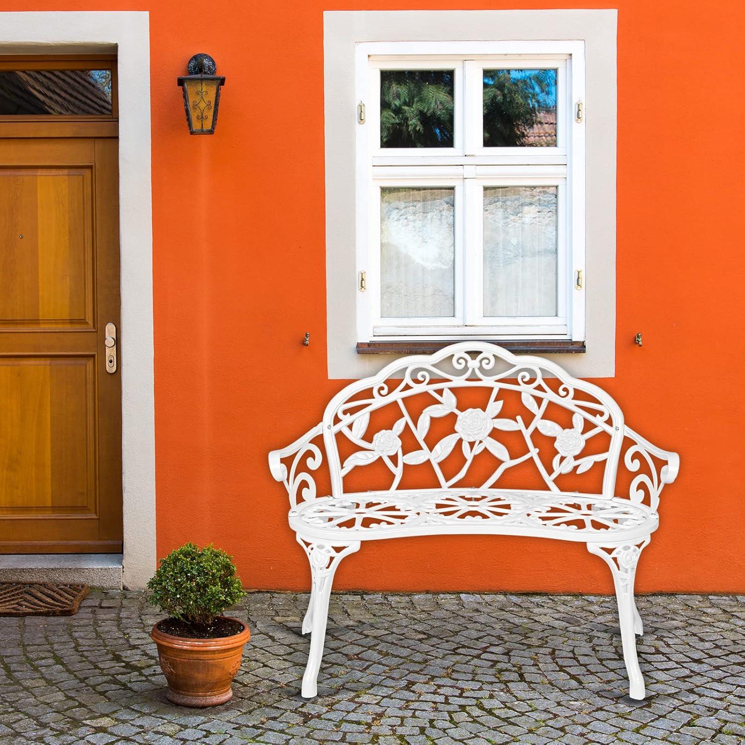 WANCQ 38.5" Patio Park Garden Outdoor Metal Rose Bench,Cast Iron Cast Aluminium Frame Antique Finish Chair,Accented Lawn Front Porch Path Yard Decor Deck Furniture for 2 Person Seat（White)