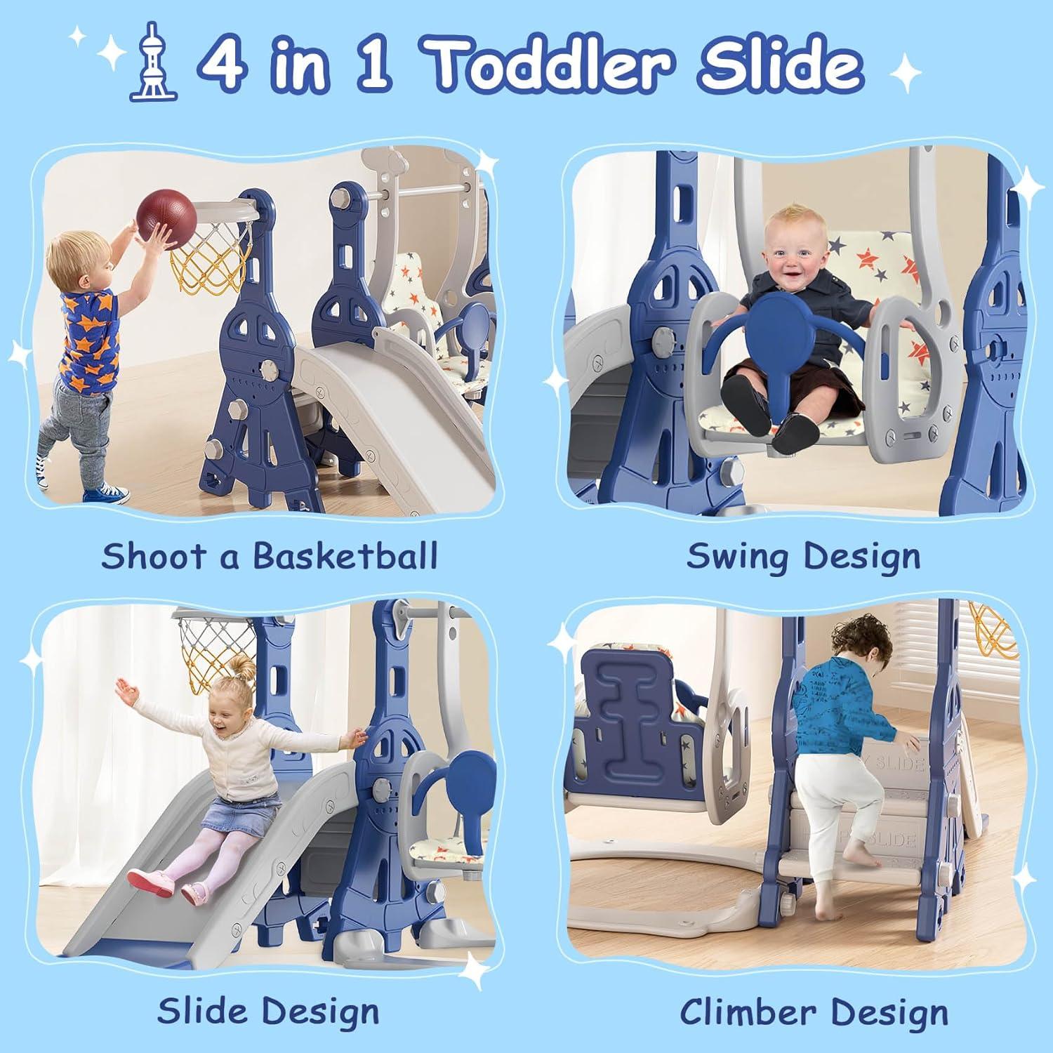 BIERUM 4 in 1 Toddler Slide and Swing Set, Kid Slide for Toddlers Age 1-2, Baby Slide with Basketball Hoop, Indoor Outdoor Slide Toddler Playset Toddler Playground Blue