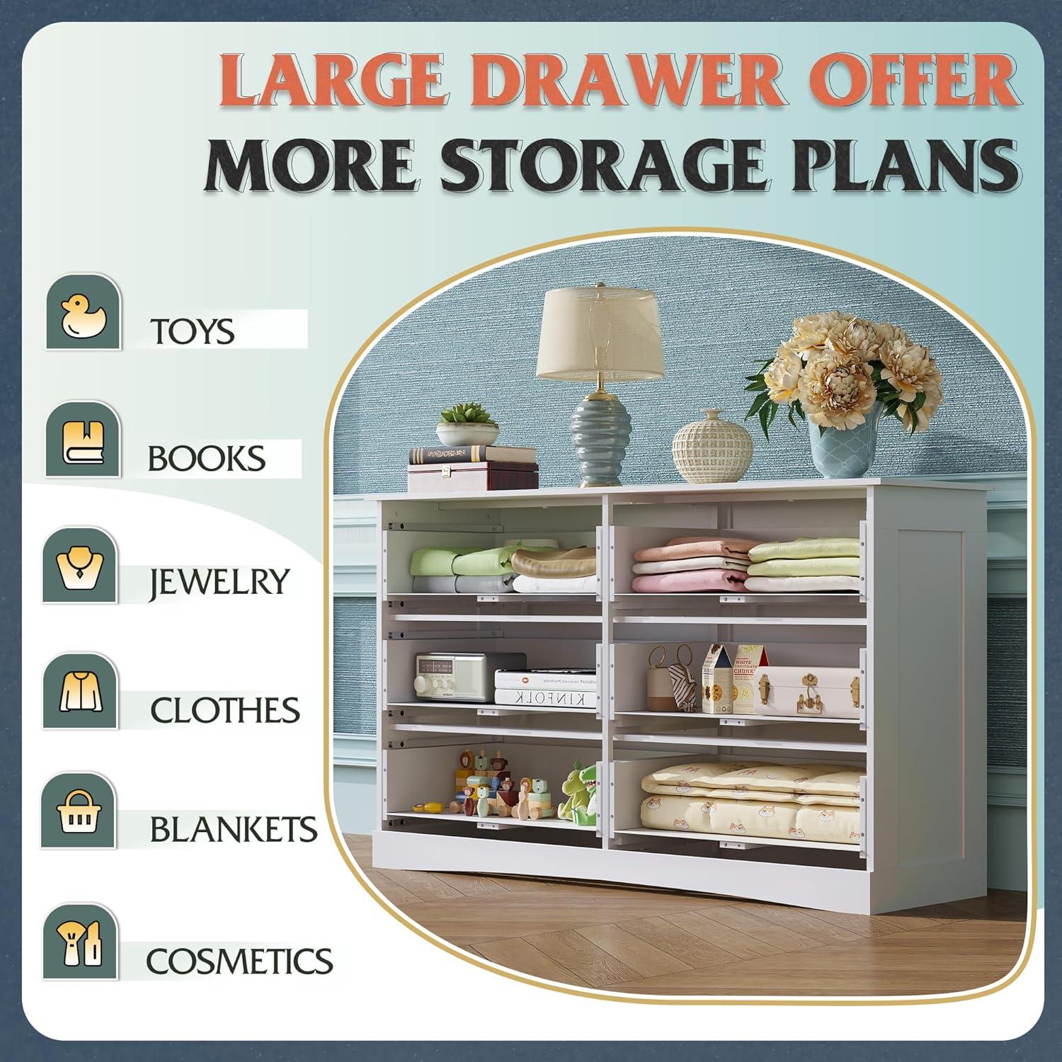 Homfa Dresser 6 Drawer, 47'' W Chest of Drawer with Deep Drawers, 6 drawer dressers for Bedroom, Living Room, White
