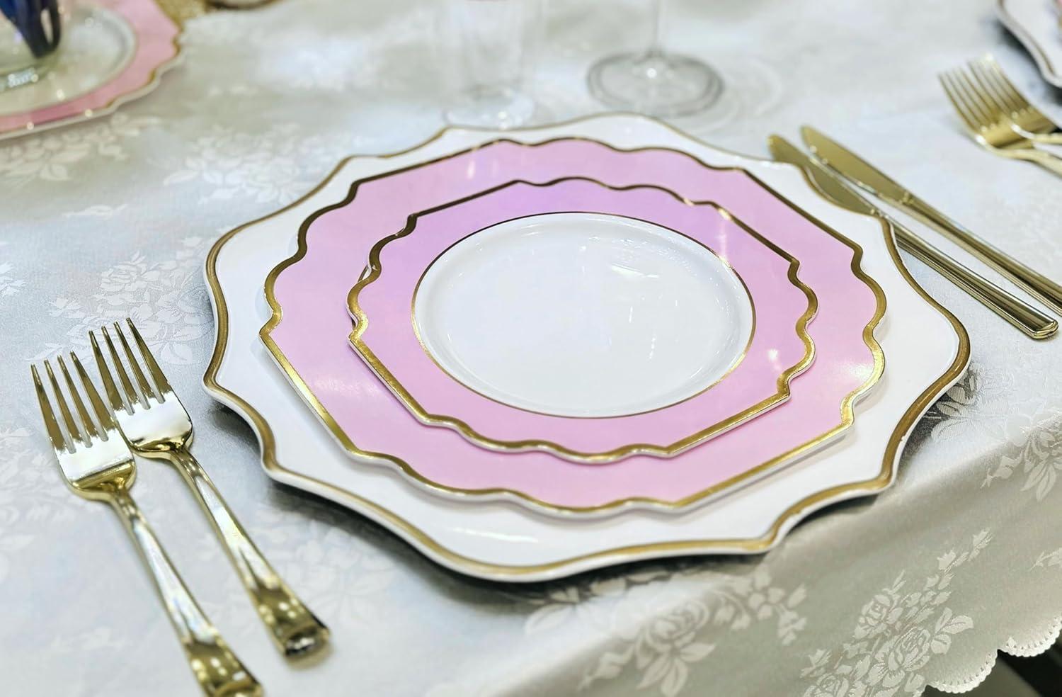 " OCCASIONS " 200 Piece set (25 Guests)-Wedding Plastic Plates & cutlery -Disposable heavyweight Dinnerware 10.5'', 8'' + Silverware + Cups + Napkins (Imperial in Rose Pink & Gold)