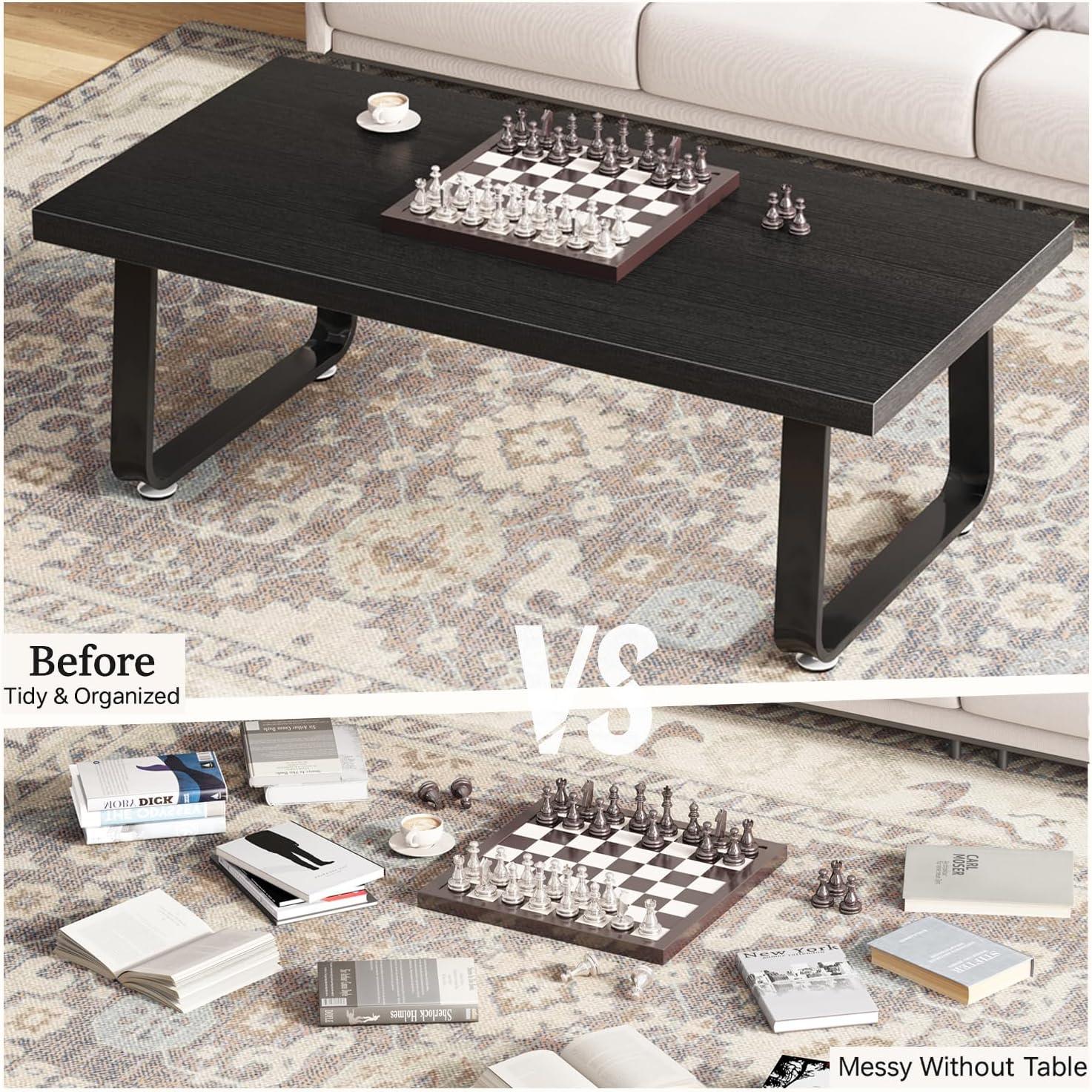 Latitude Run® Black Coffee Table, Industrial Wood And Metal Legs Center Table, Black Oak, 47 Inch