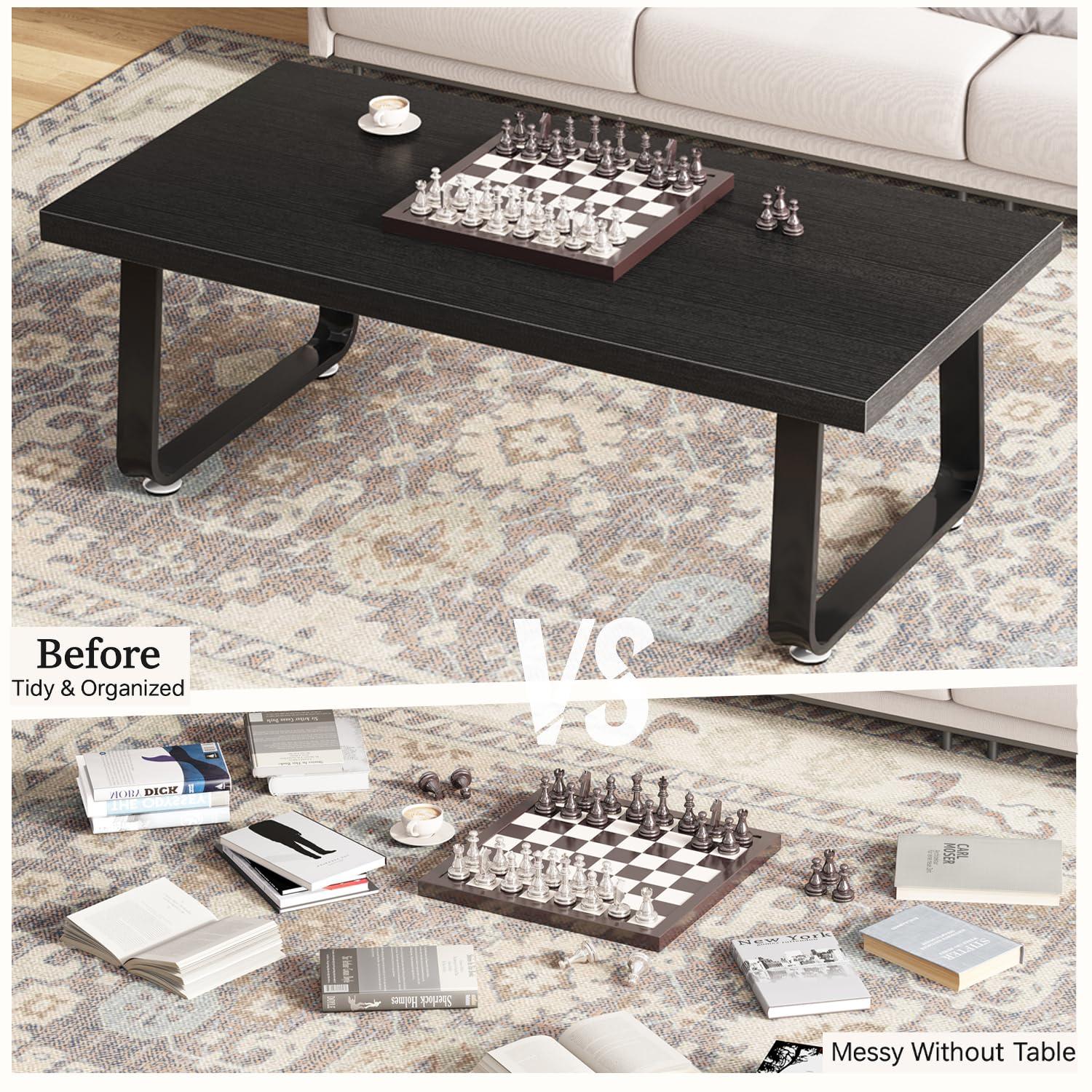 Latitude Run® Black Coffee Table, Industrial Wood And Metal Legs Center Table, Black Oak, 47 Inch