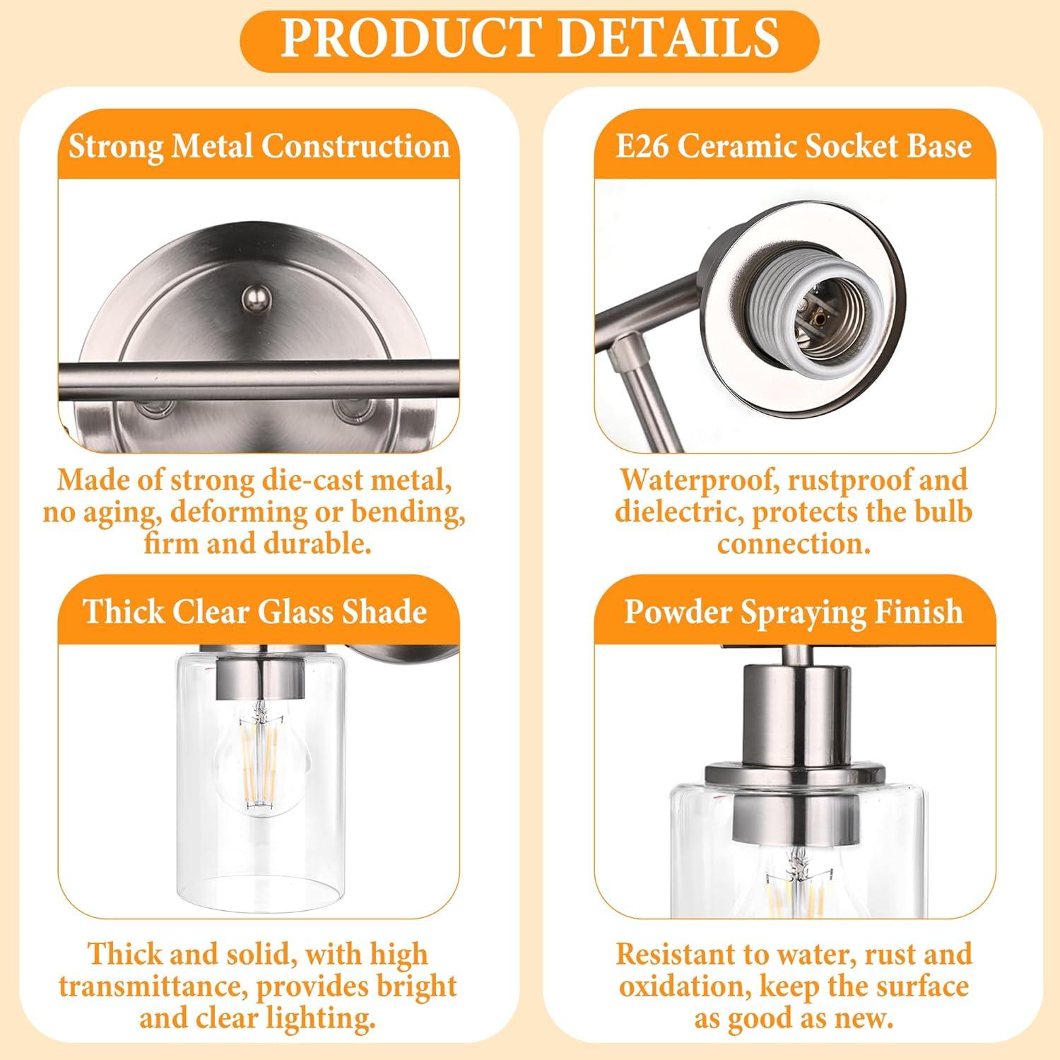 Vanity Wall Light Fixtures, Modern 3 Lights Wall Sconce with Clear Glass Shade, Brushed Nickel Farmhouse Wall Lamp for Bathroom Mirror Kitchen Porch Living Room Workshop (E26 Base)