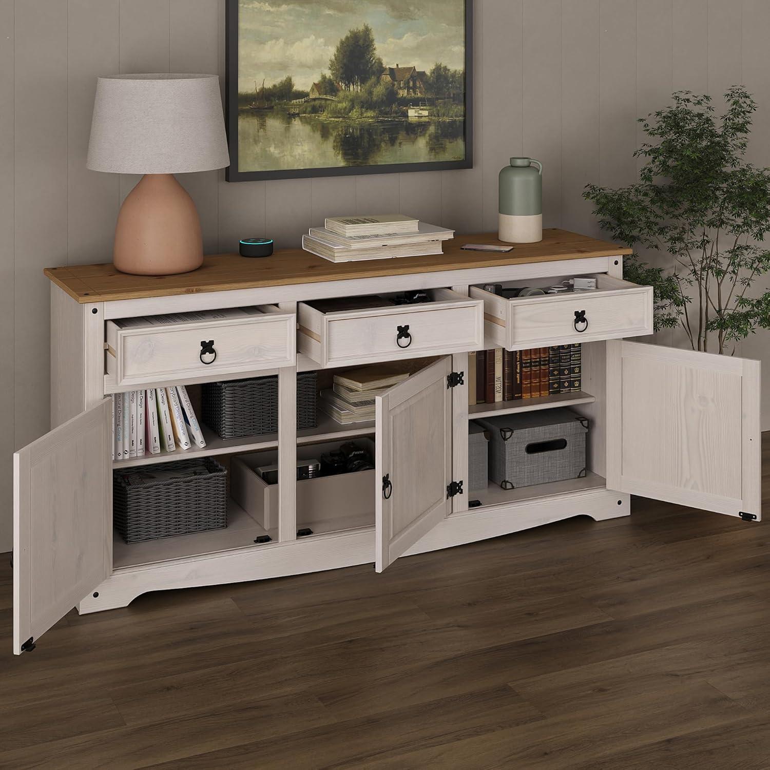 White Wash Solid Pine Wood Sideboard Buffet with Antique Brown Top