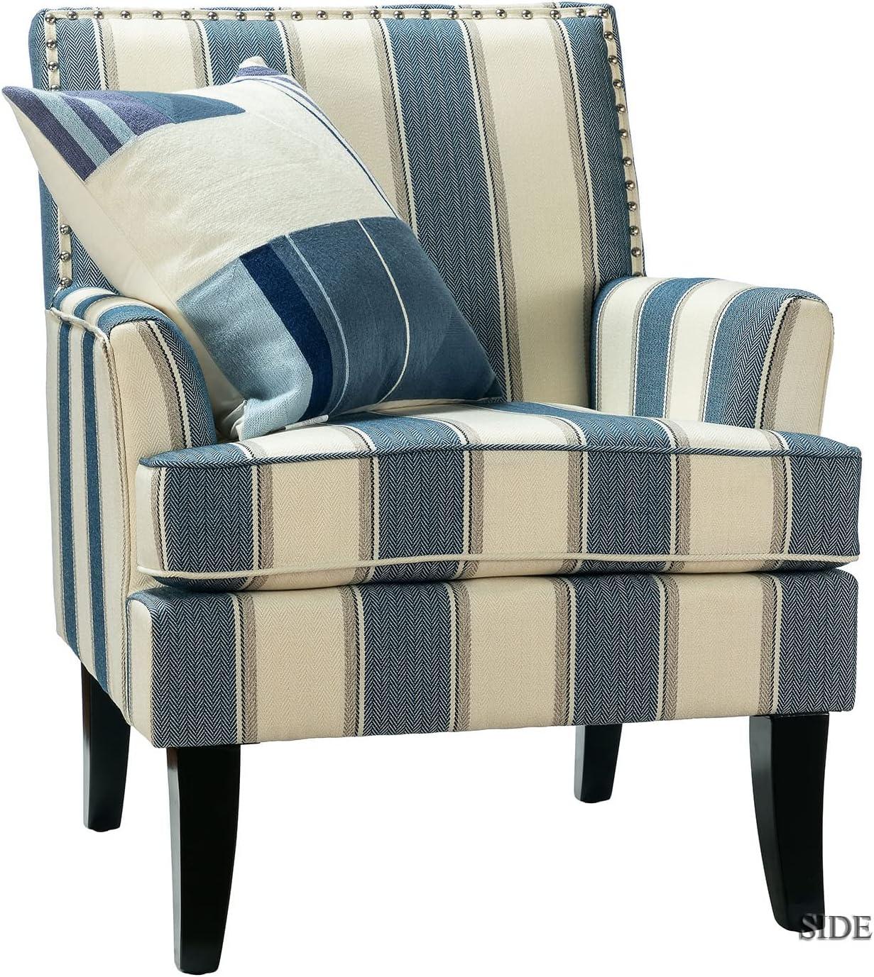 Upholstery Accent Chair Armchair Sofa Couch Lounge Seat Wood Black Legs Nailhead Trim Home Living Room Bedroom Stripe Blue