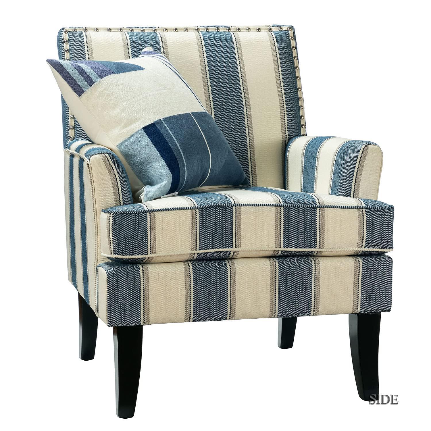 Upholstery Accent Chair Armchair Sofa Couch Lounge Seat Wood Black Legs Nailhead Trim Home Living Room Bedroom Stripe Blue