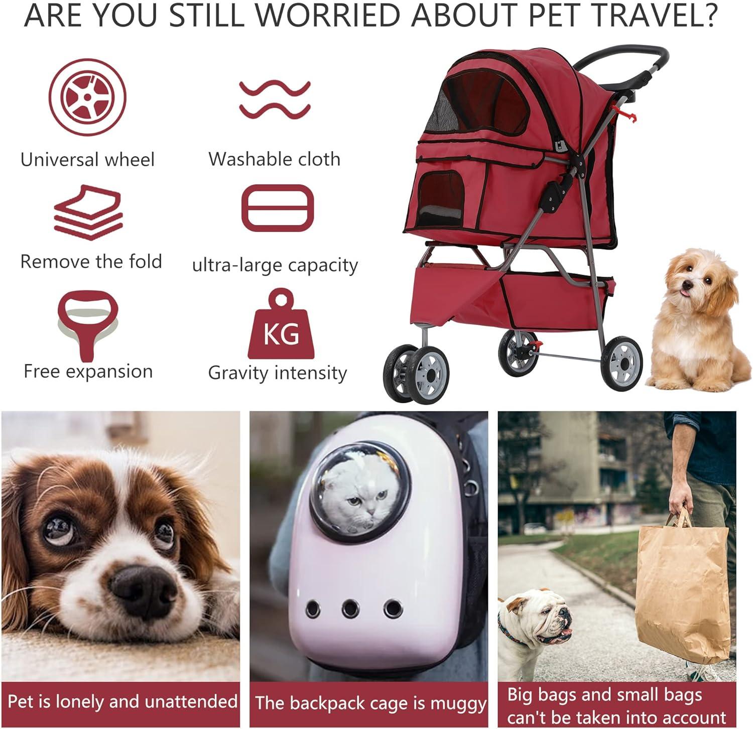 ToccoLeggero Pet Stroller Foldable Dog Stroller 3-Wheel Durable Cat Jogger Stroller For Small And Medium Dogs Cats With Washable Liner Storage Basket Cup Holder