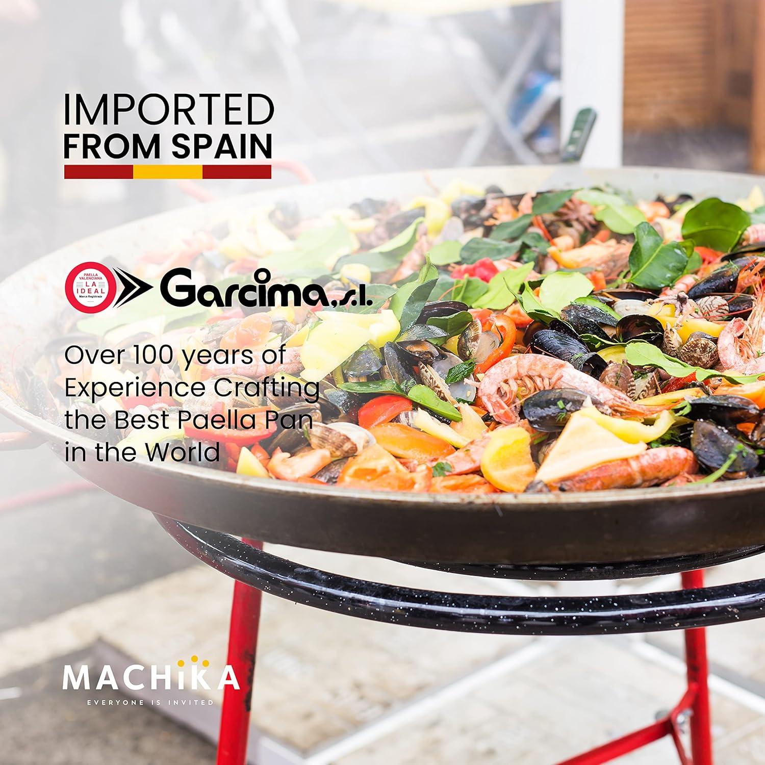Machika Paella Pan Set with Burner Carbon Steel Outdoor Pan and Legs Manufactured by Garcima (Andreu I 12 Servings)