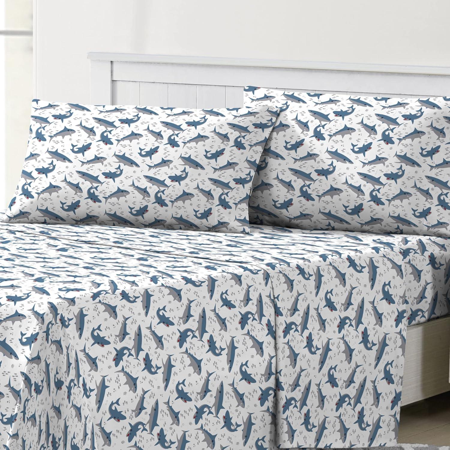 Blue and White Shark Print Twin Microfiber Sheet Set