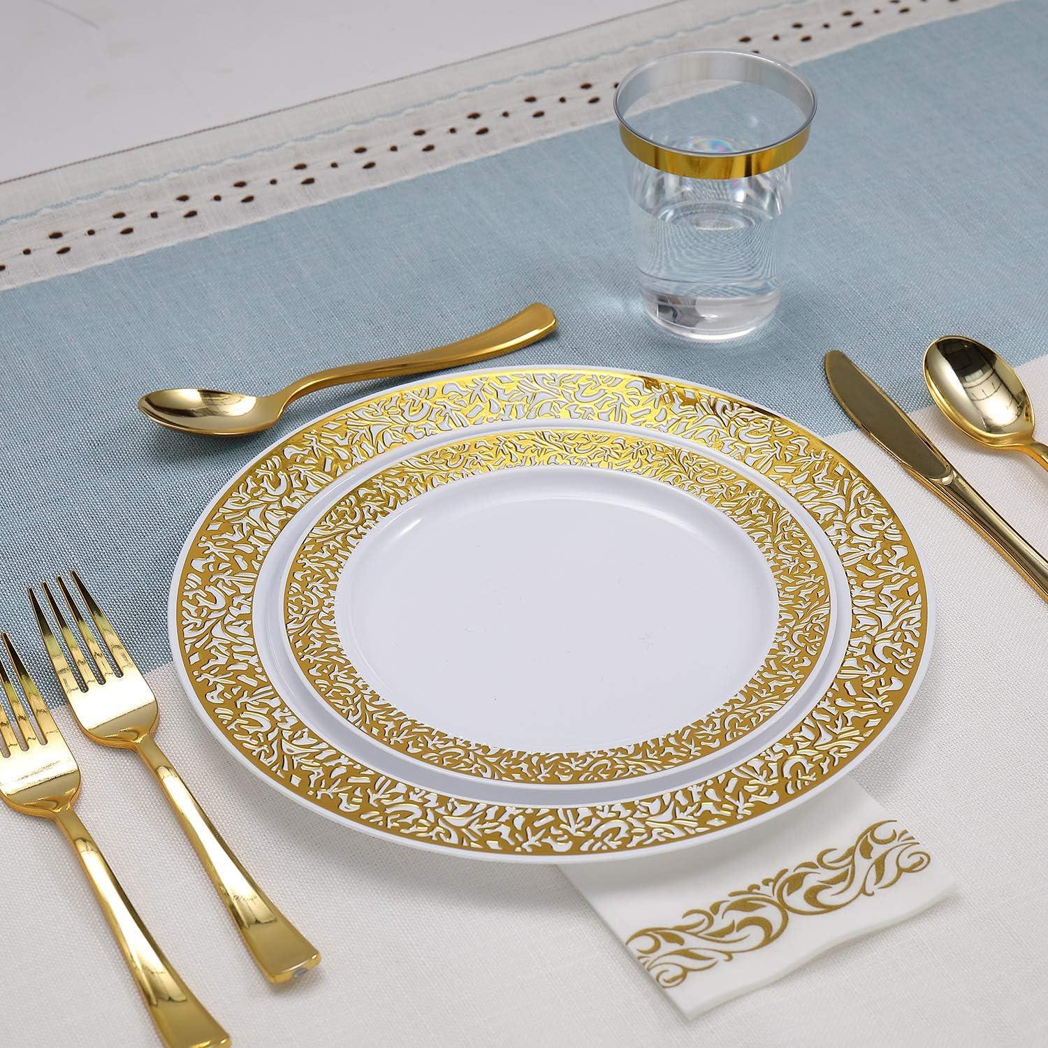 FOCUSLINE 350 Piece Gold Rim Dinnerware Set, Disposable Plastic Plates for Party or Wedding-100 Plastic Plates-50 Plastic Silverware-50 Plastic Cups-50 Linen Feel Napkins(50 Guest)