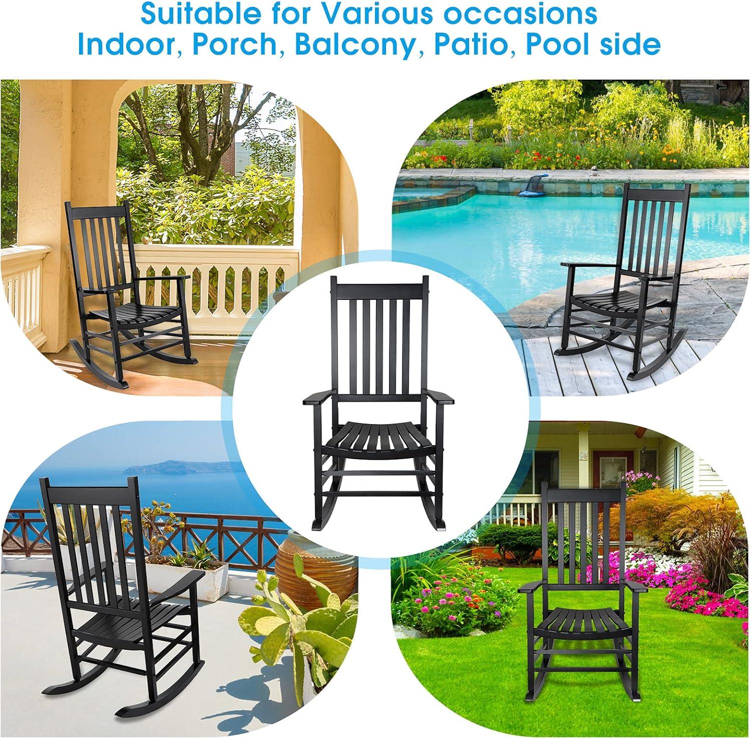 Black Solid Wood Porch Rocking Chair with Armrests