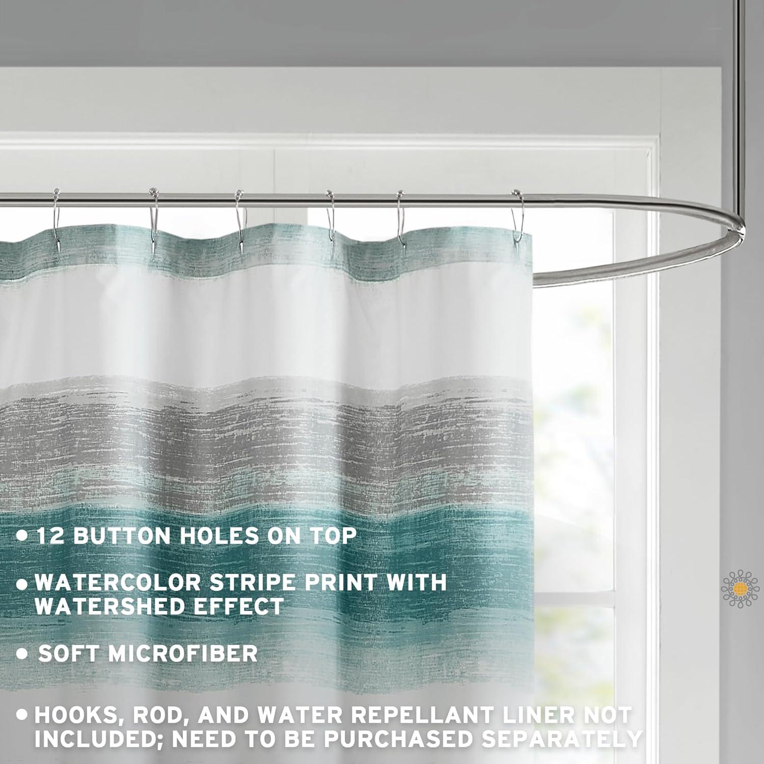 Seth Striped Print Shower Curtain Aqua/Gray - Madison Park: Polyester Microfiber, Buttonhole Top, OEKO-TEX Certified