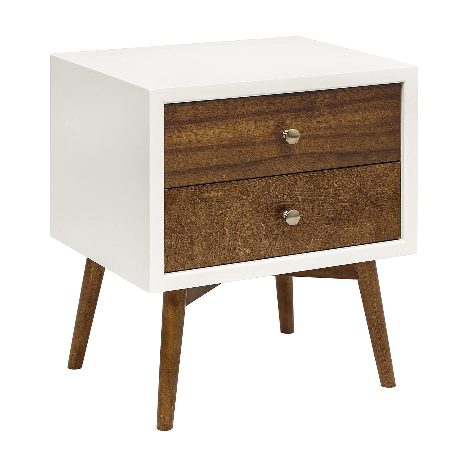 Palma Mid-Century Modern 2-Drawer Warm White/Walnut Nightstand with USB Port